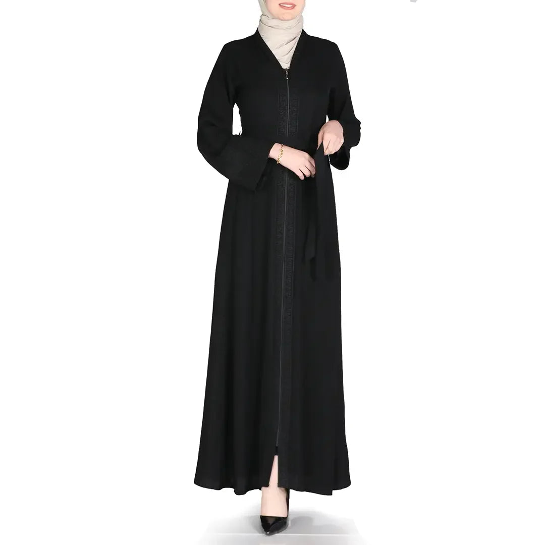 Palestinian Elegance black embroidered abaya dress with long sleeves and front zip closure