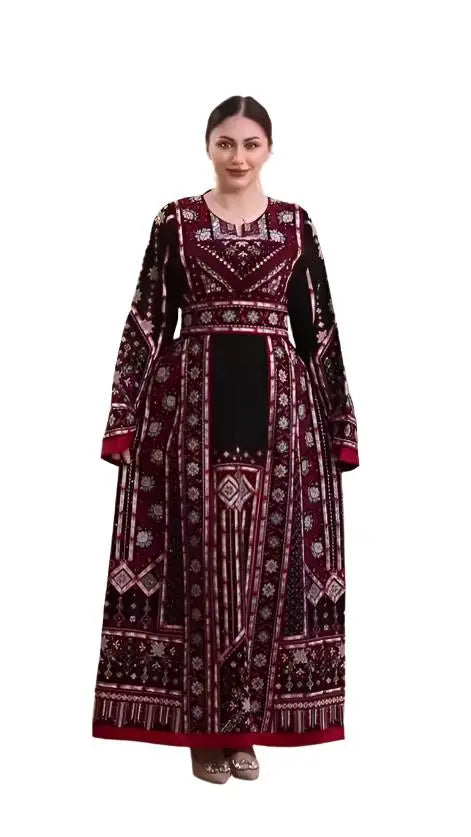 Palestinian Elegance embroidered manjal thoub dress with intricate red and black embroidery details