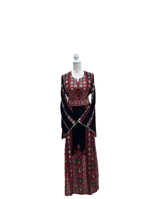 Black traditional embroidered Palestinian Elegance thoub featuring intricate red and white geometric patterns
