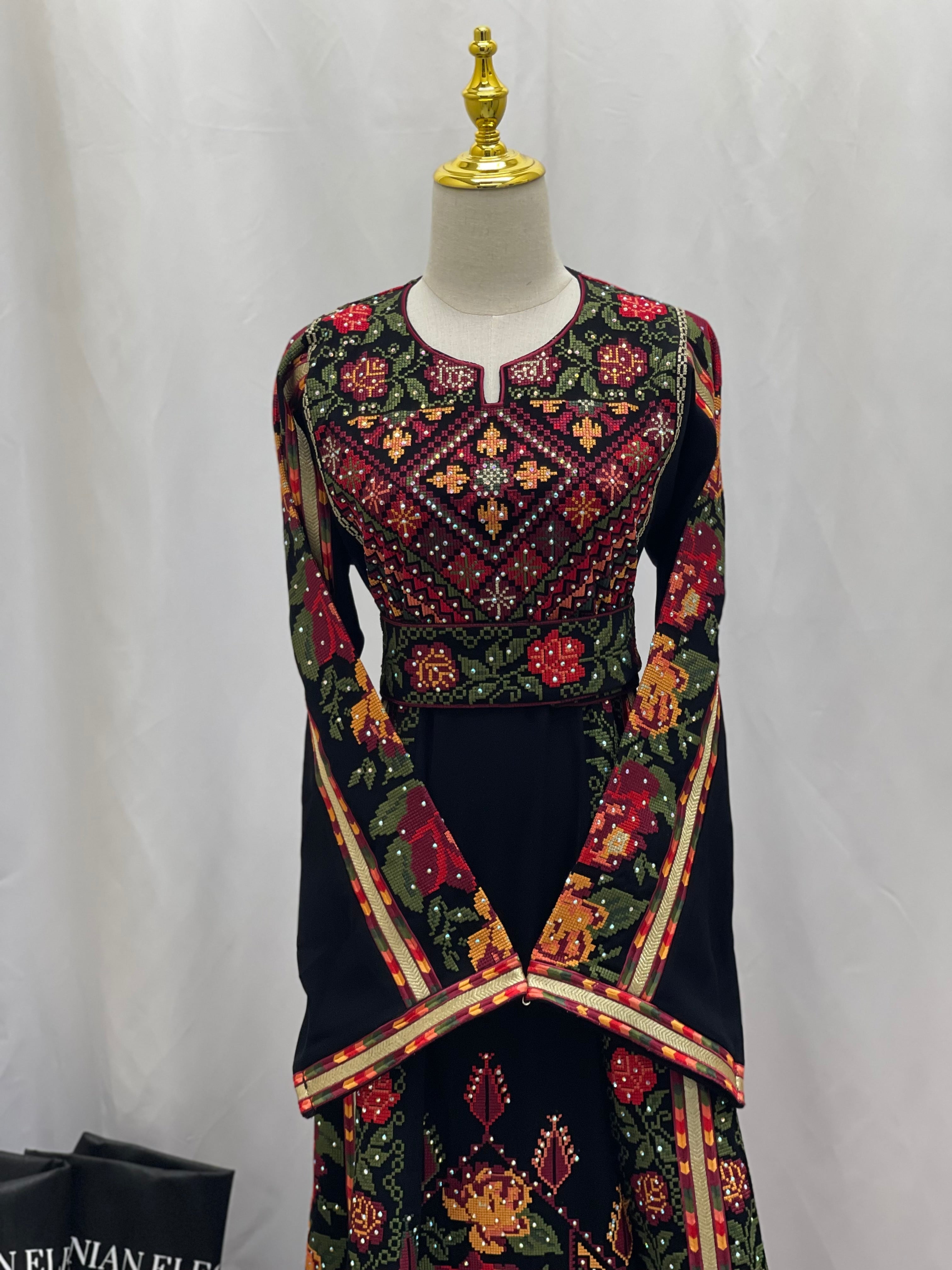 Roses Embroidered Thoub Black Palestinian Elegance