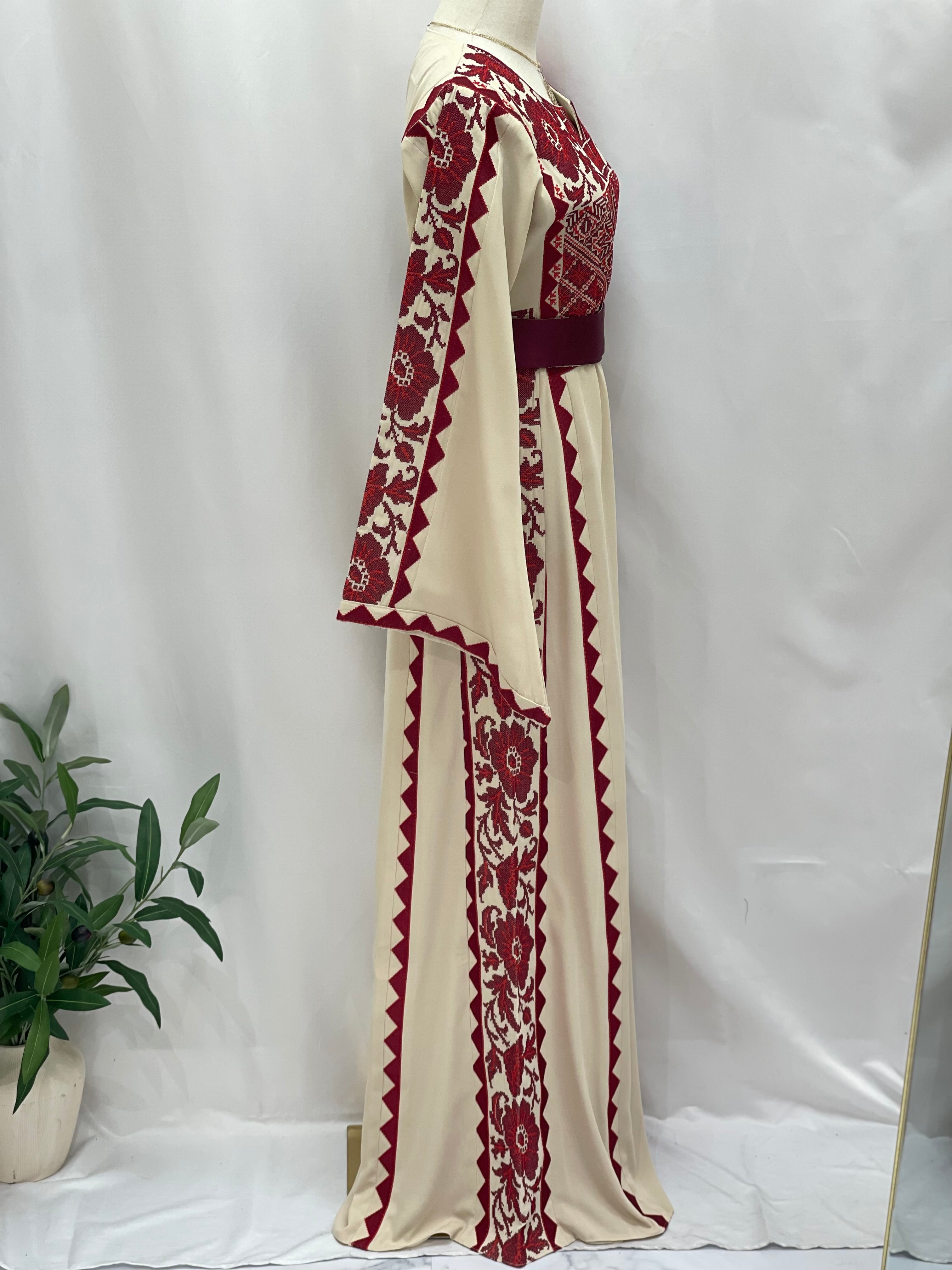 Stylish Embroidered Thoub with Dual-Style Belt: Elegance and Versatility Palestinian Elegance