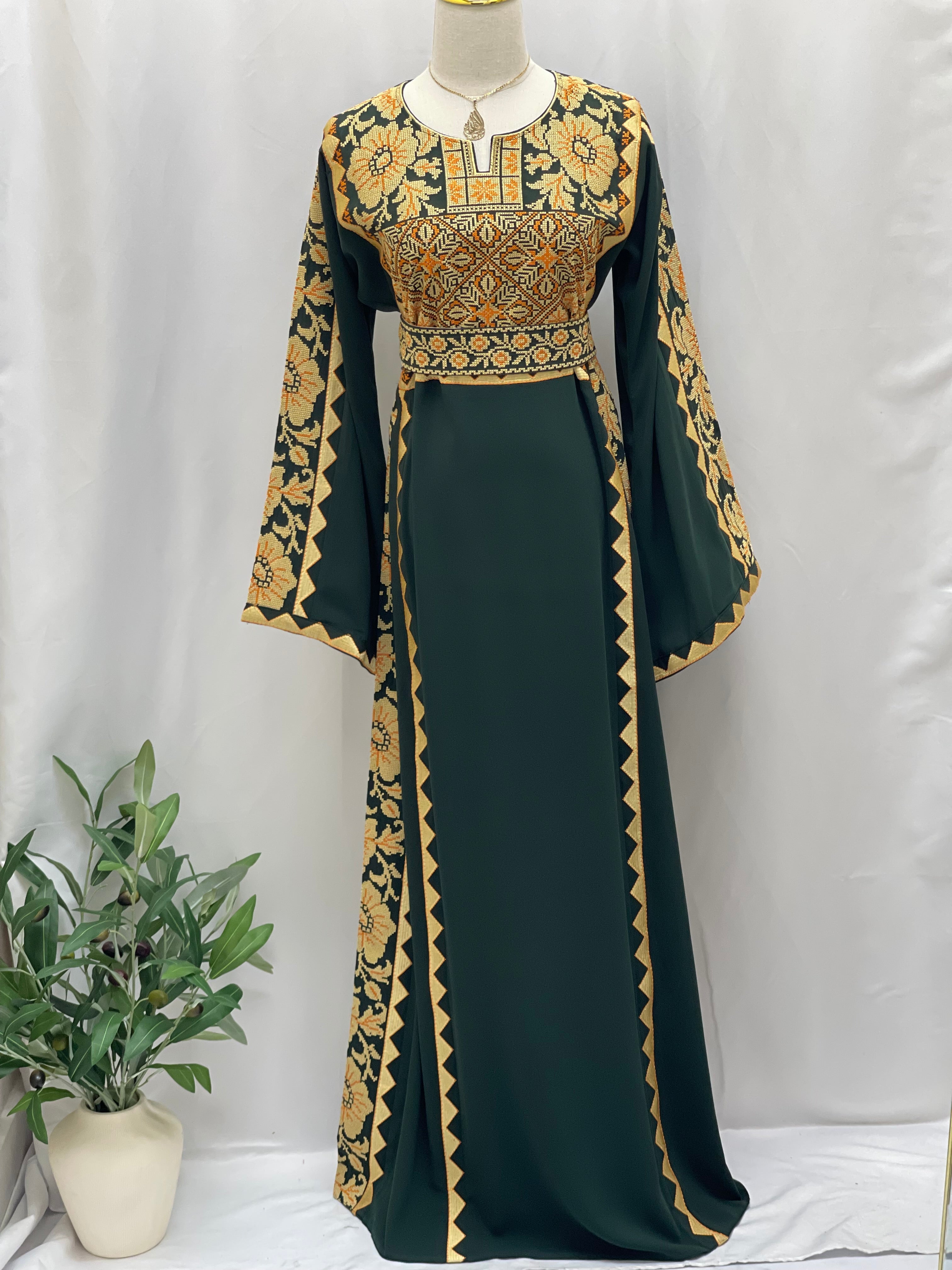 Stylish Embroidered Thoub with Dual-Style Belt: Elegance and Versatility Palestinian Elegance