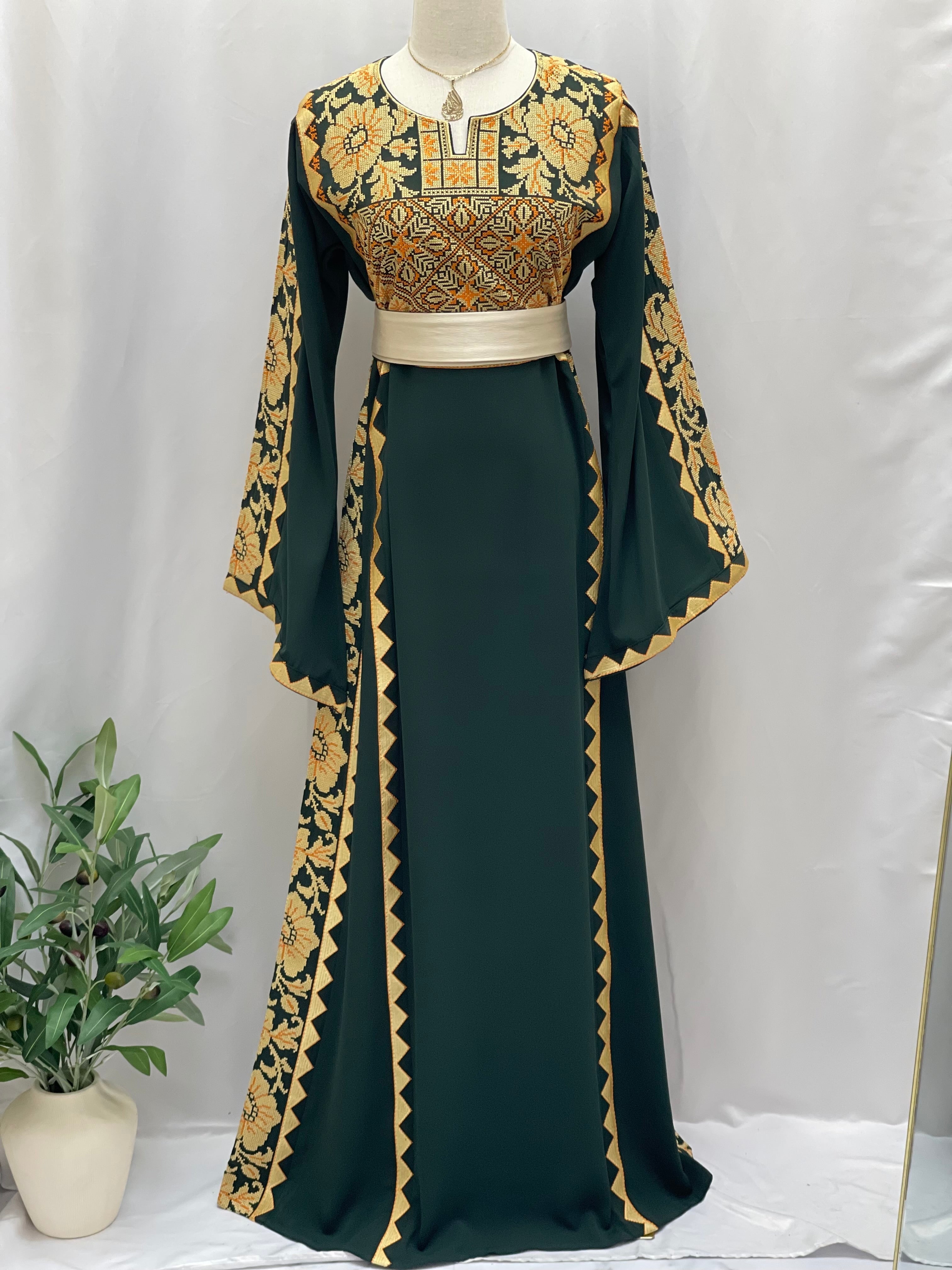 Stylish Embroidered Thoub with Dual-Style Belt: Elegance and Versatility Palestinian Elegance