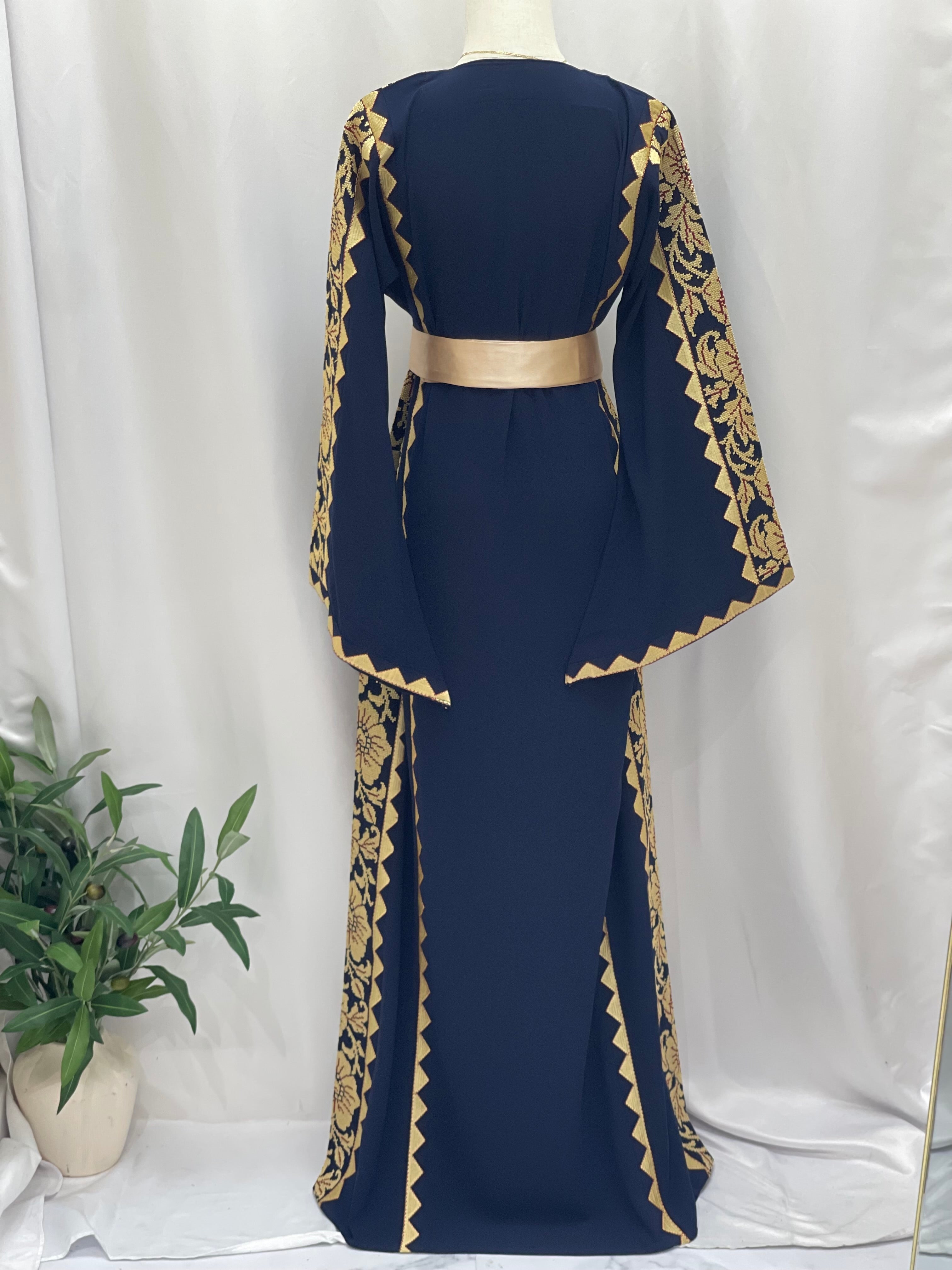 Stylish Embroidered Thoub with Dual-Style Belt: Elegance and Versatility Palestinian Elegance