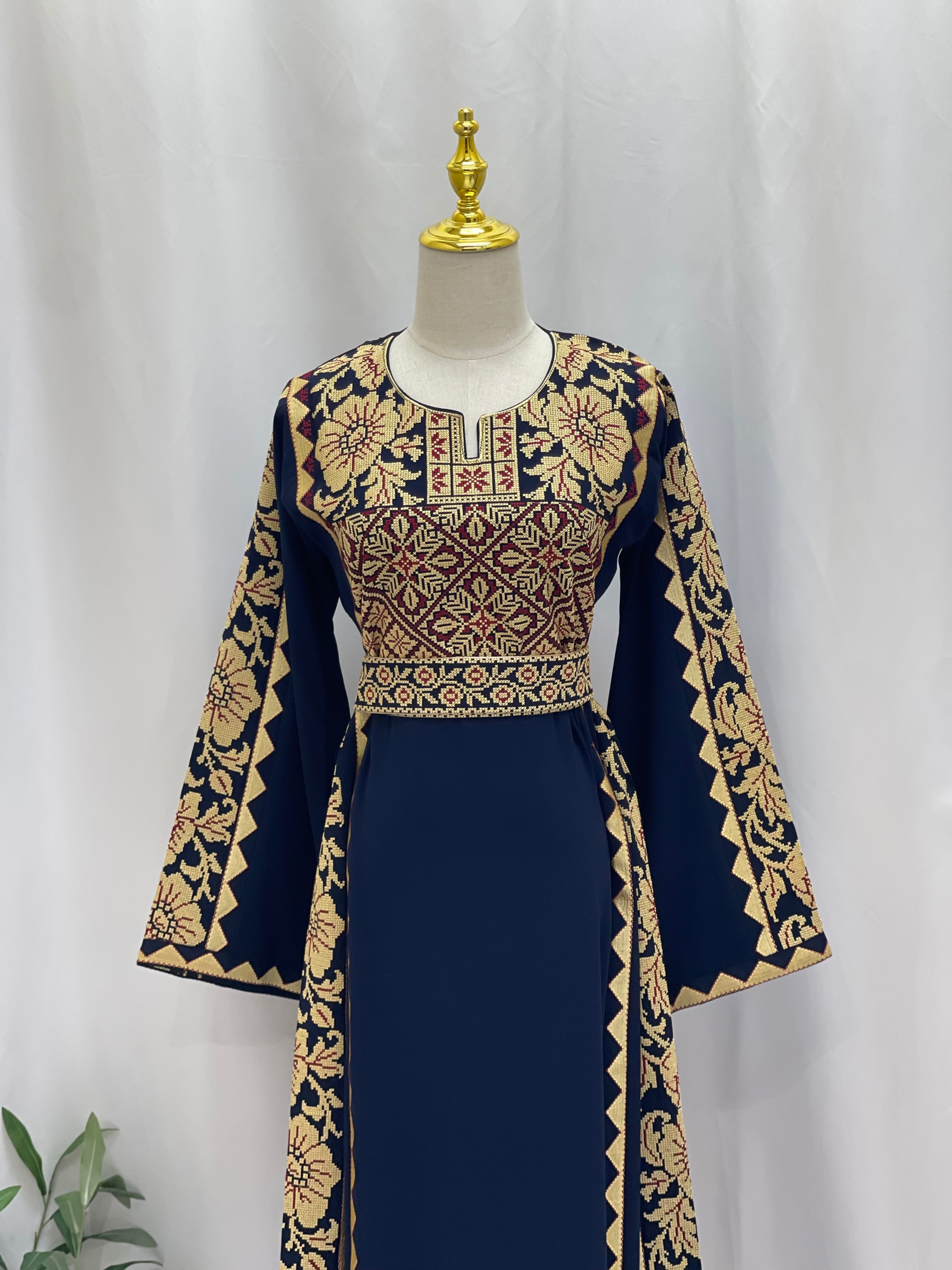 Stylish Embroidered Thoub with Dual-Style Belt: Elegance and Versatility Palestinian Elegance