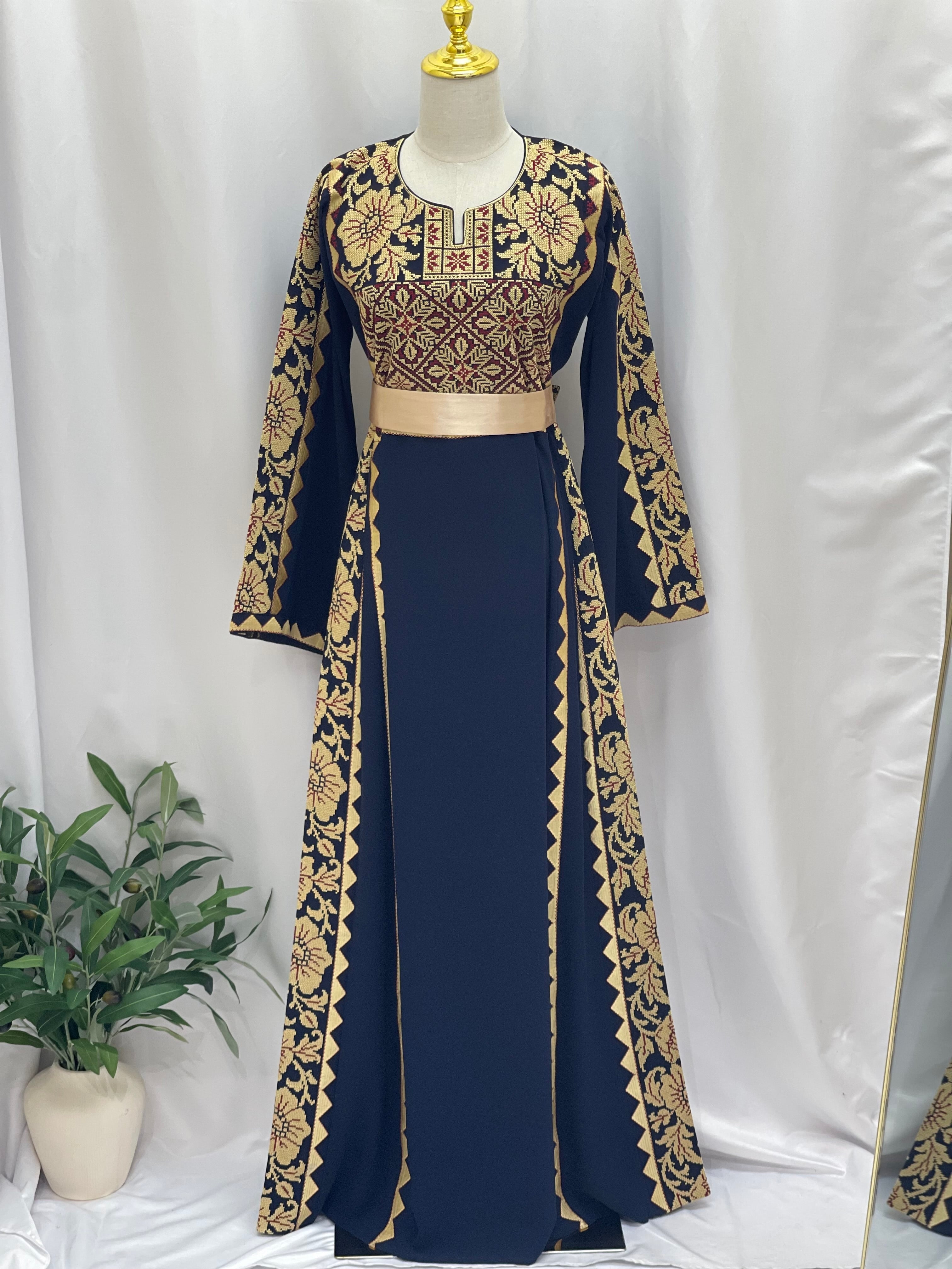 Stylish Embroidered Thoub with Dual-Style Belt: Elegance and Versatility Palestinian Elegance