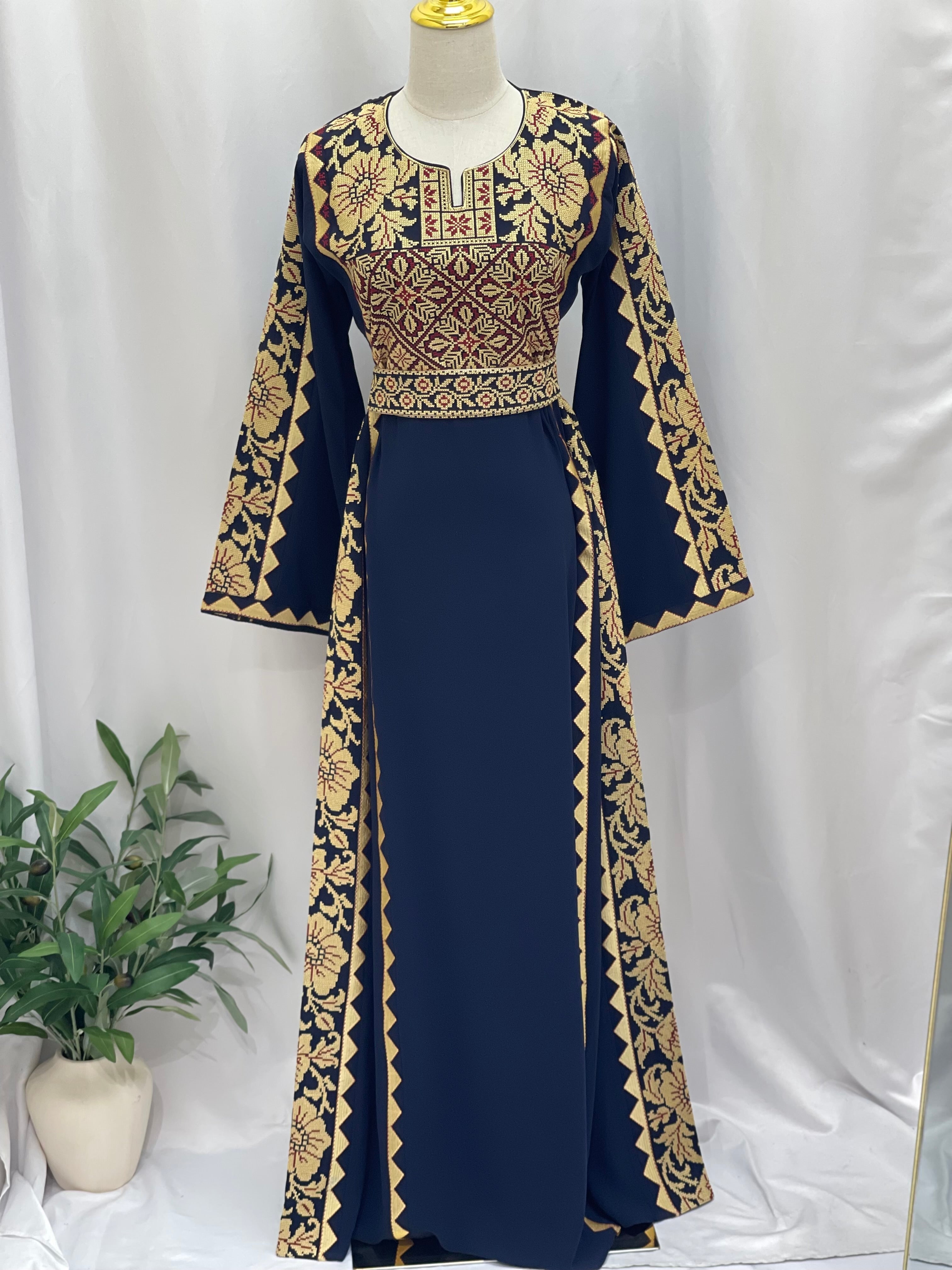 Stylish Embroidered Thoub with Dual-Style Belt: Elegance and Versatility Palestinian Elegance