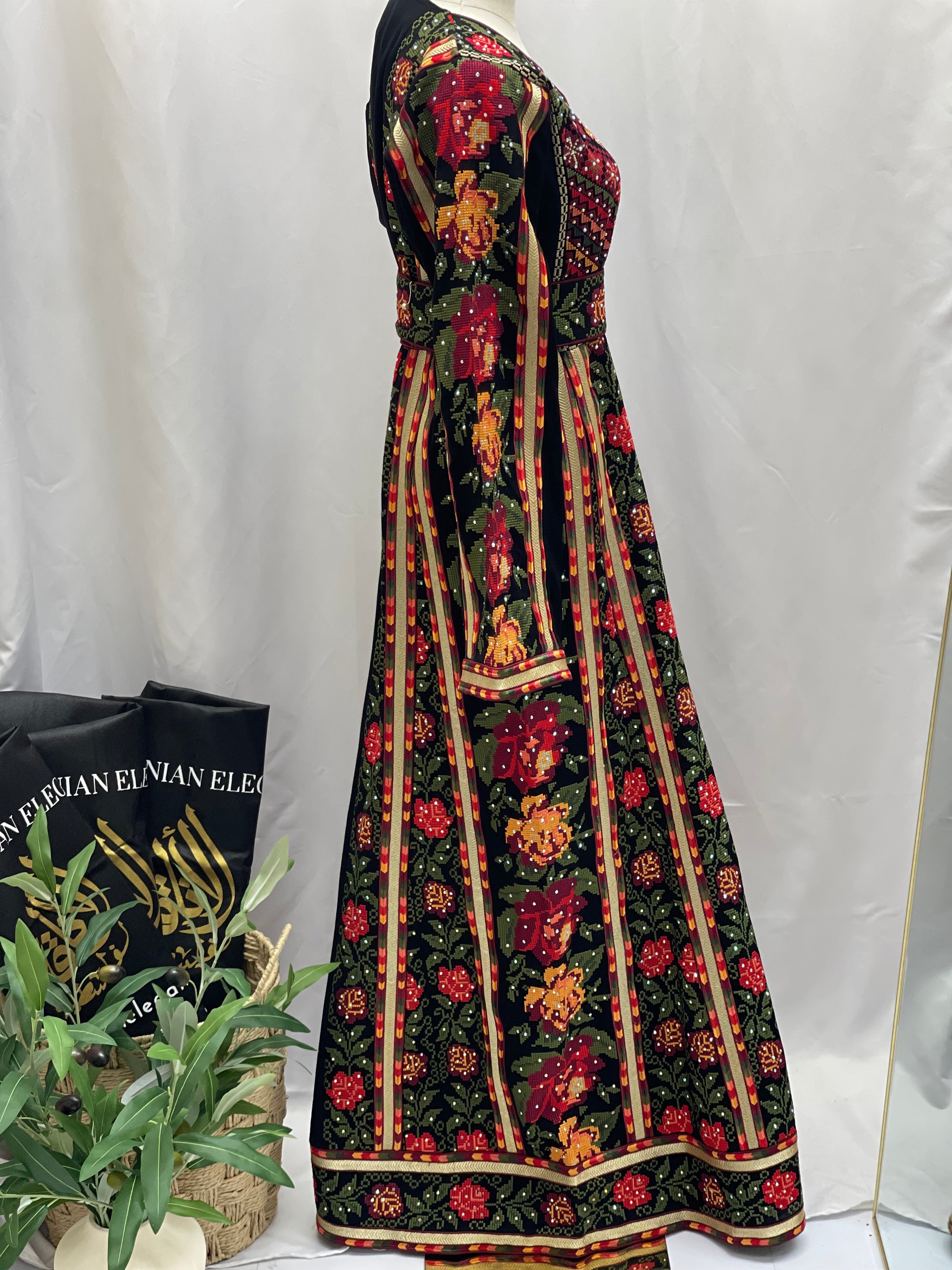 Roses Embroidered Thoub Black Palestinian Elegance