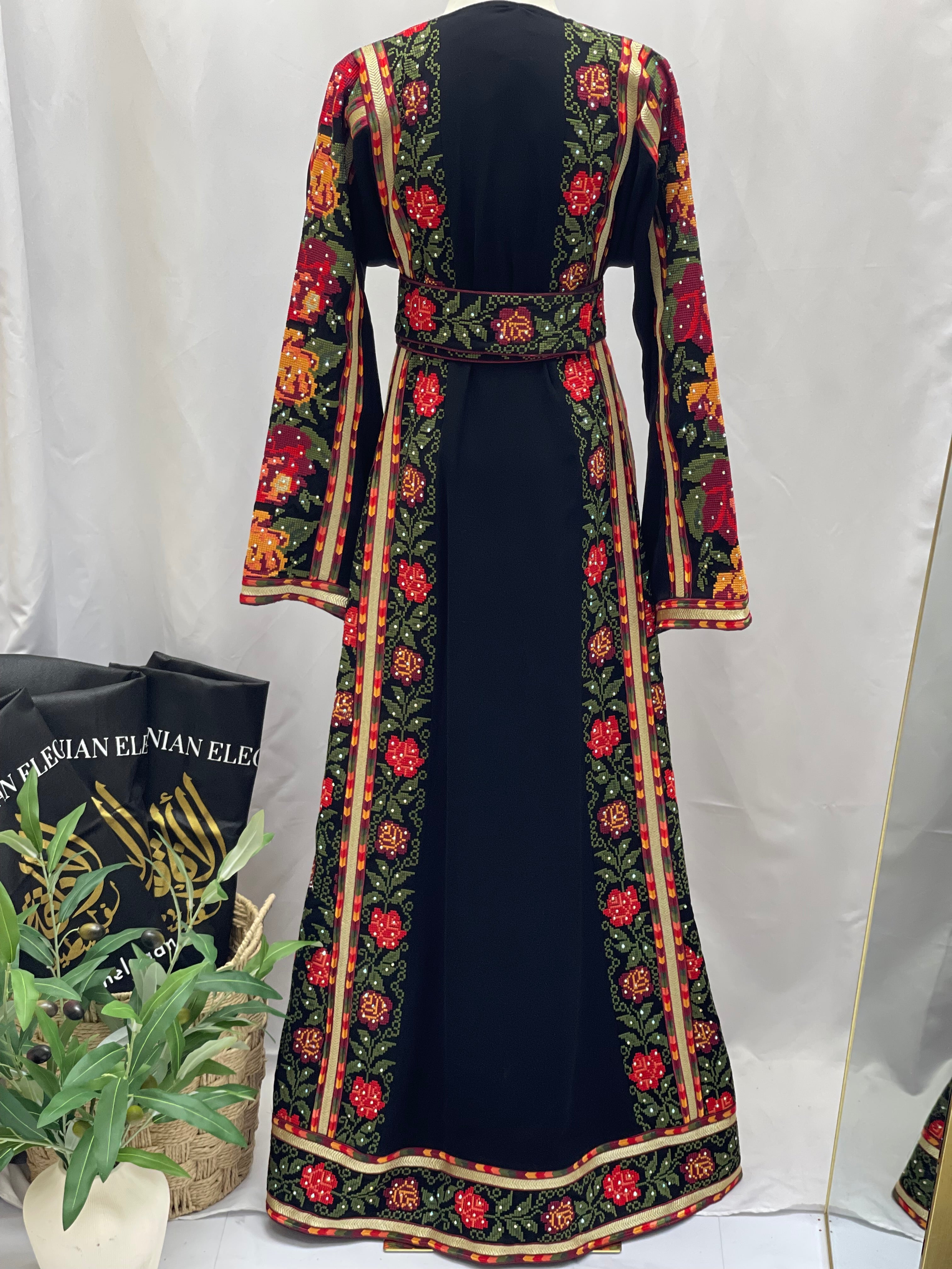 Roses Embroidered Thoub Black Palestinian Elegance