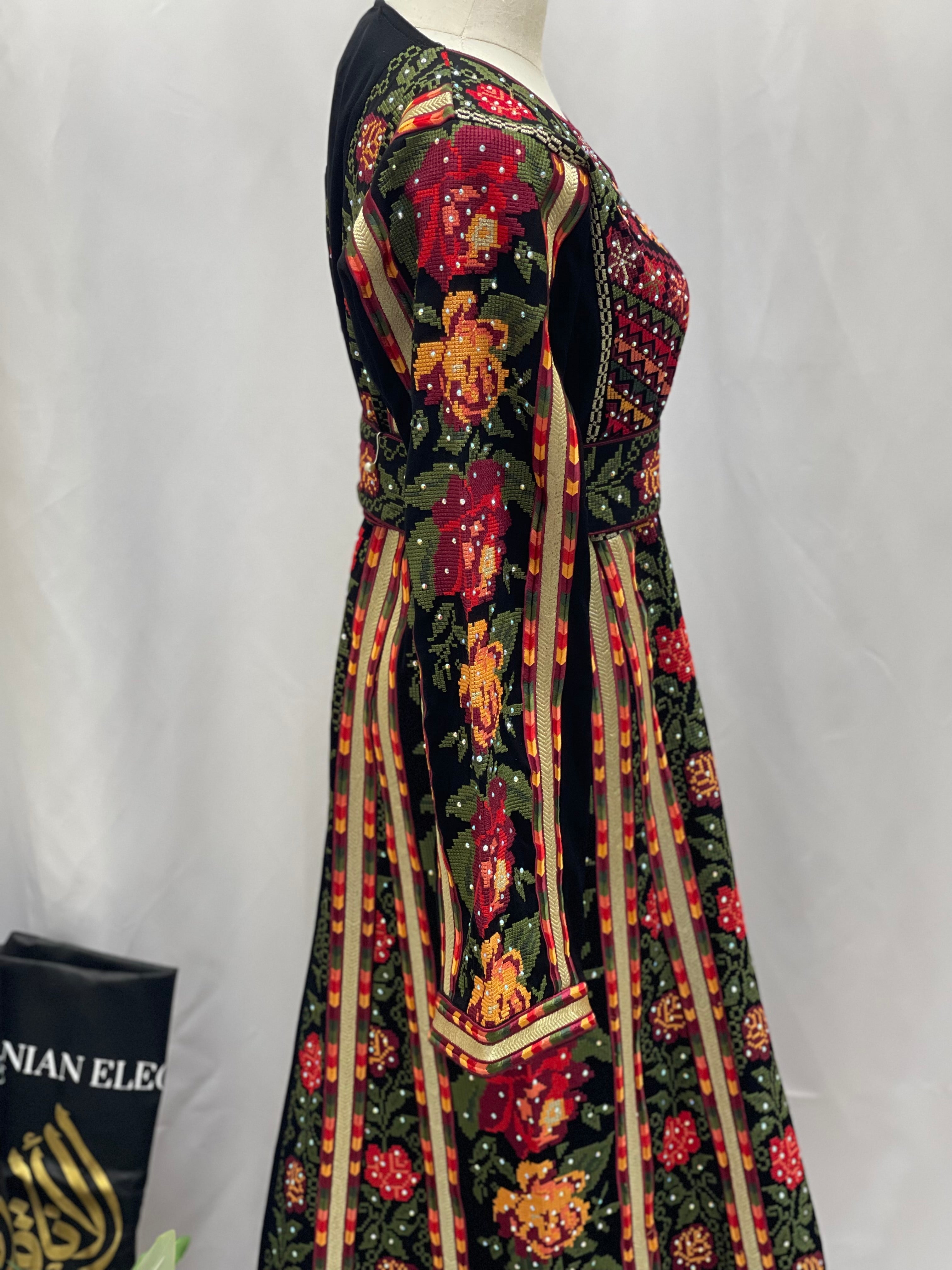 Roses Embroidered Thoub Black Palestinian Elegance