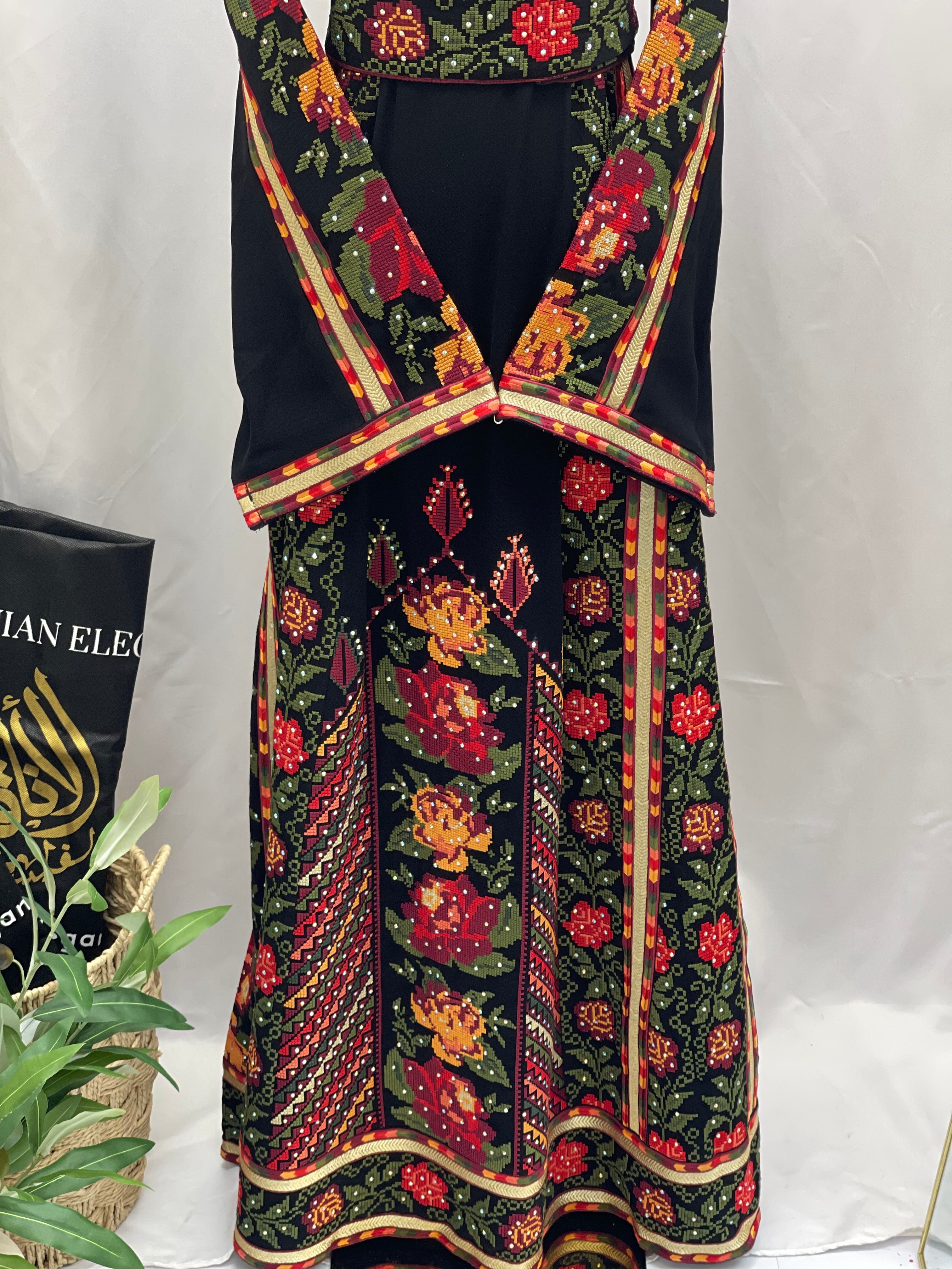 Roses Embroidered Thoub Black Palestinian Elegance
