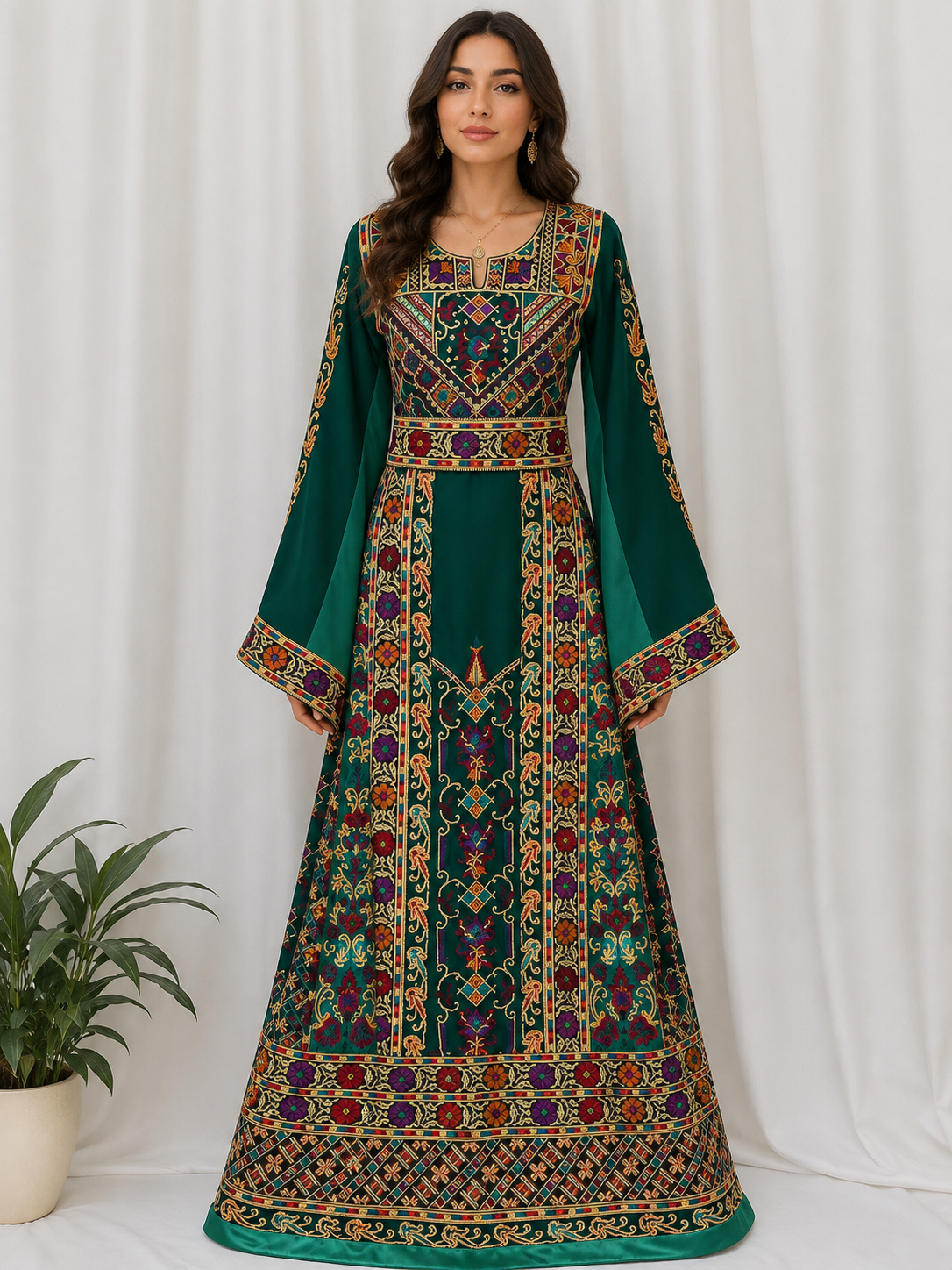 Distinctive Elegance: Unique Green Satin Silk Embroidered Thoub