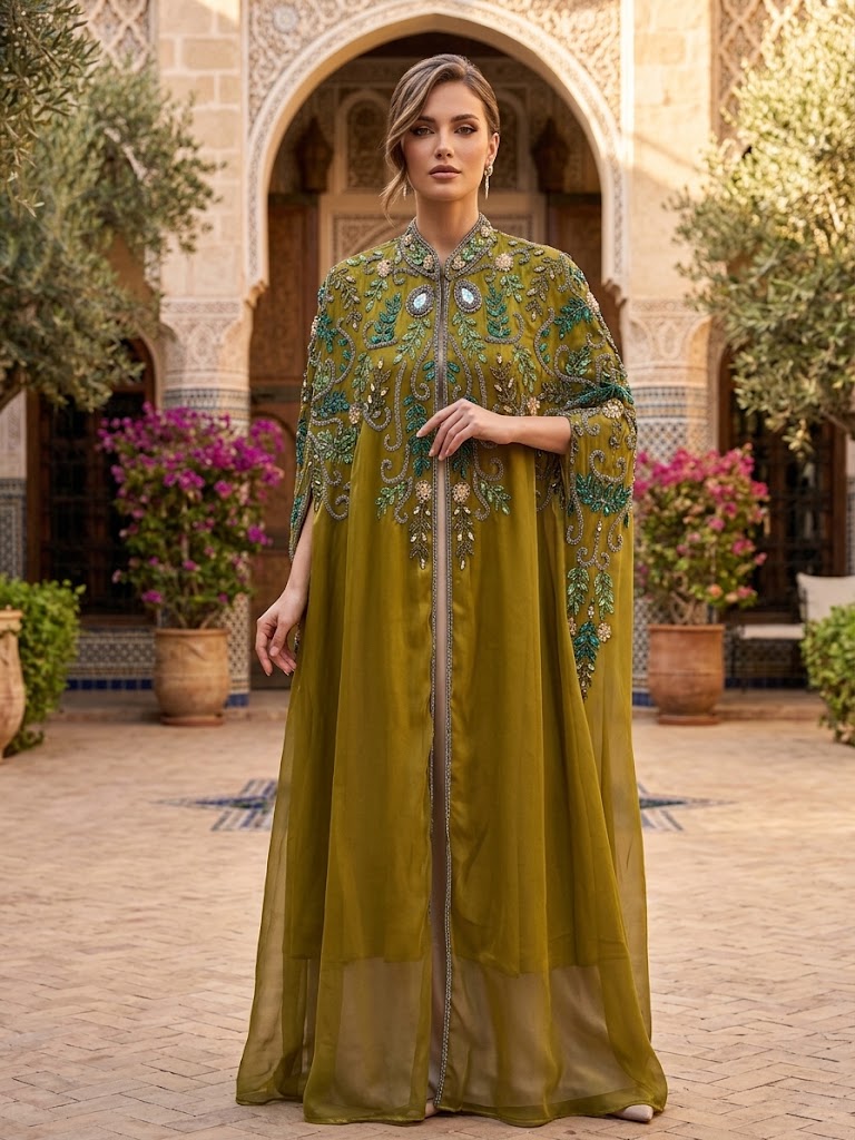 Olive Luxury Bejeweled Cape – Statement Elegance & Modern Sophistication