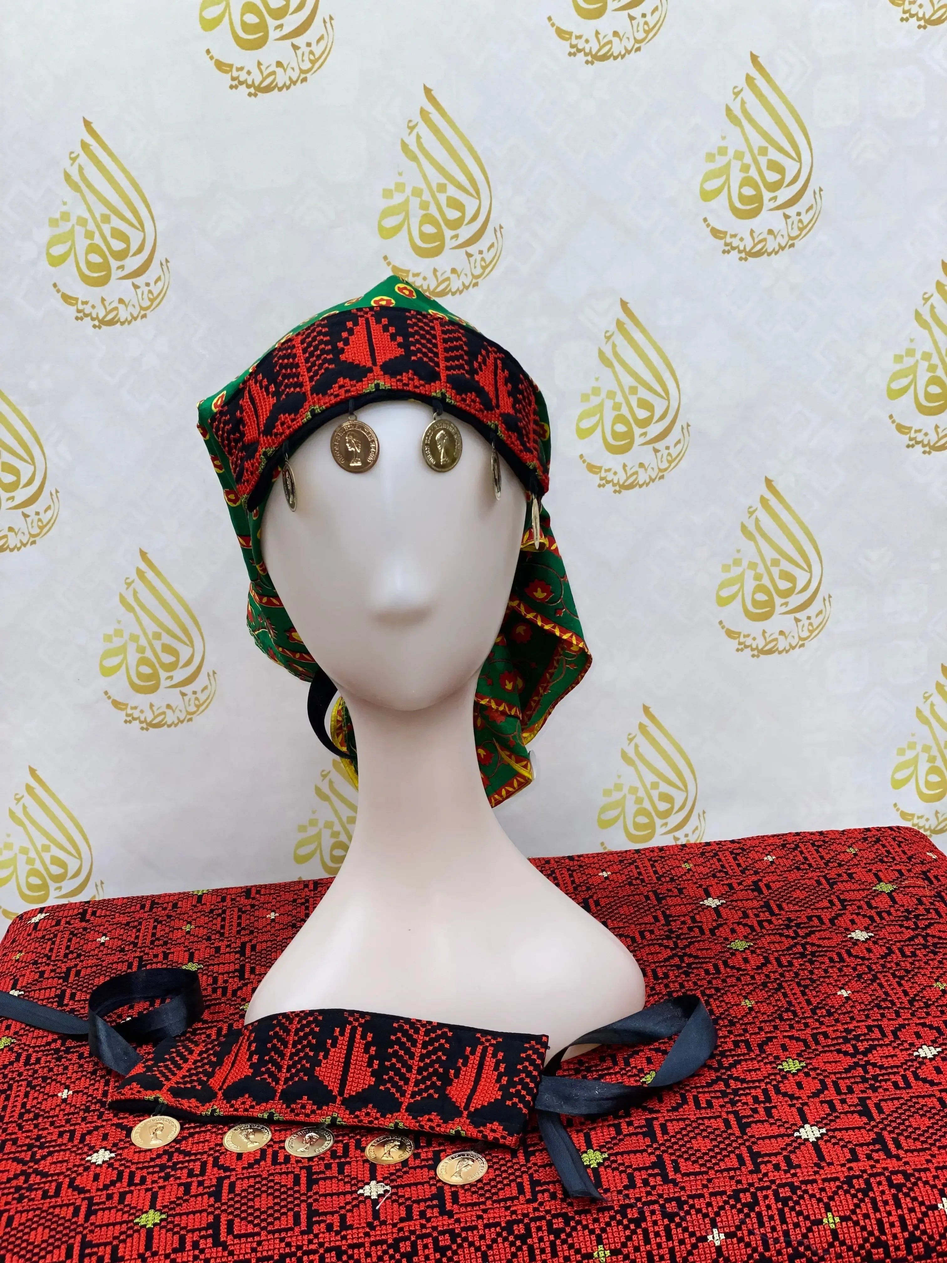 Palestinian Elegance girls embroidered head scarf in red and black traditional design with decorative coins