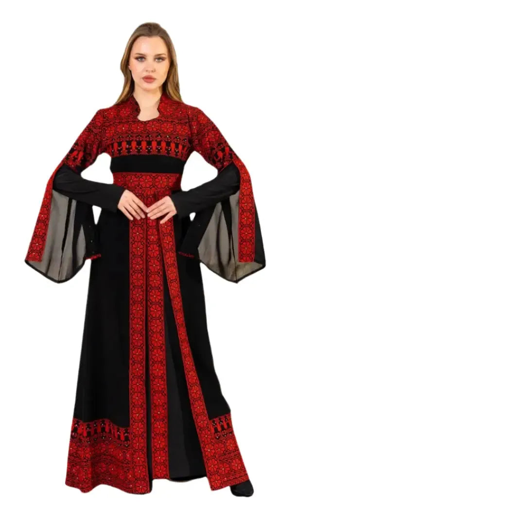 Palestinian Elegance hand embroidered tatreez dress in black and red with traditional patterns and flowing sleeves