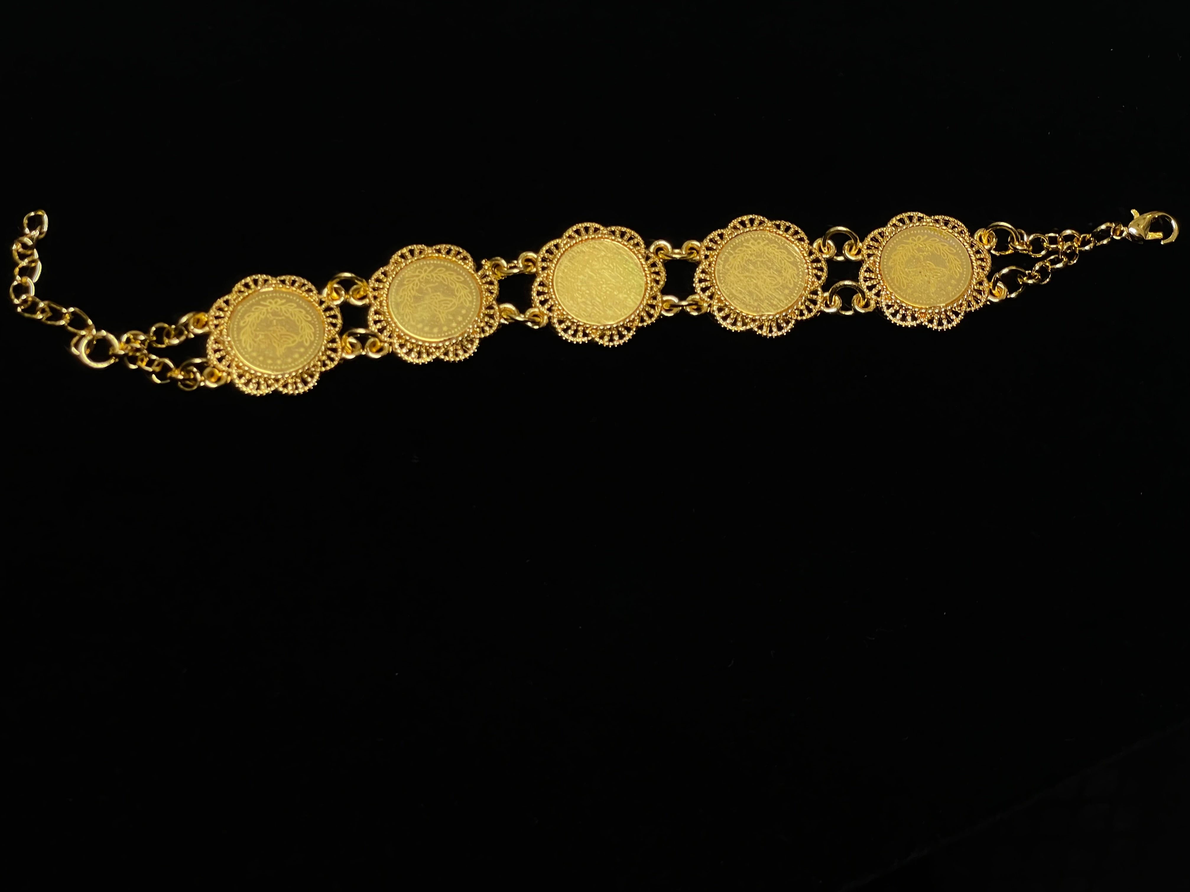 Palestinian Elegance imitated gold jewelry set featuring an intricate gold bracelet with circular ornate designs