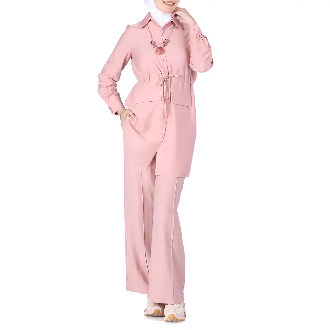 Pink linen 2 piece set for women with long-sleeve top and wide-leg pants by Palestinian Elegance