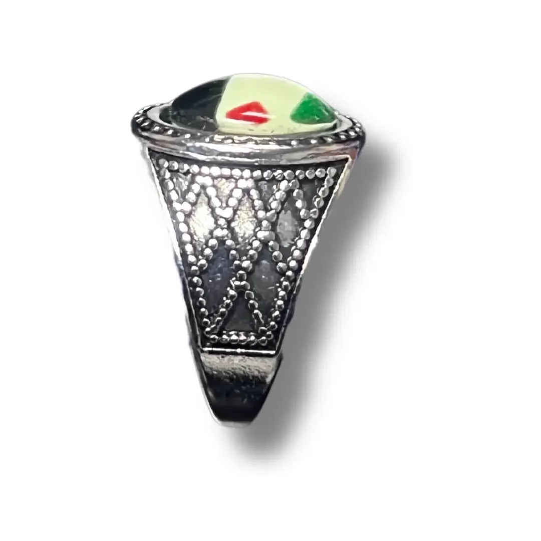 Palestine flag ring with detailed silver band and colored enamel top by Palestinian Elegance