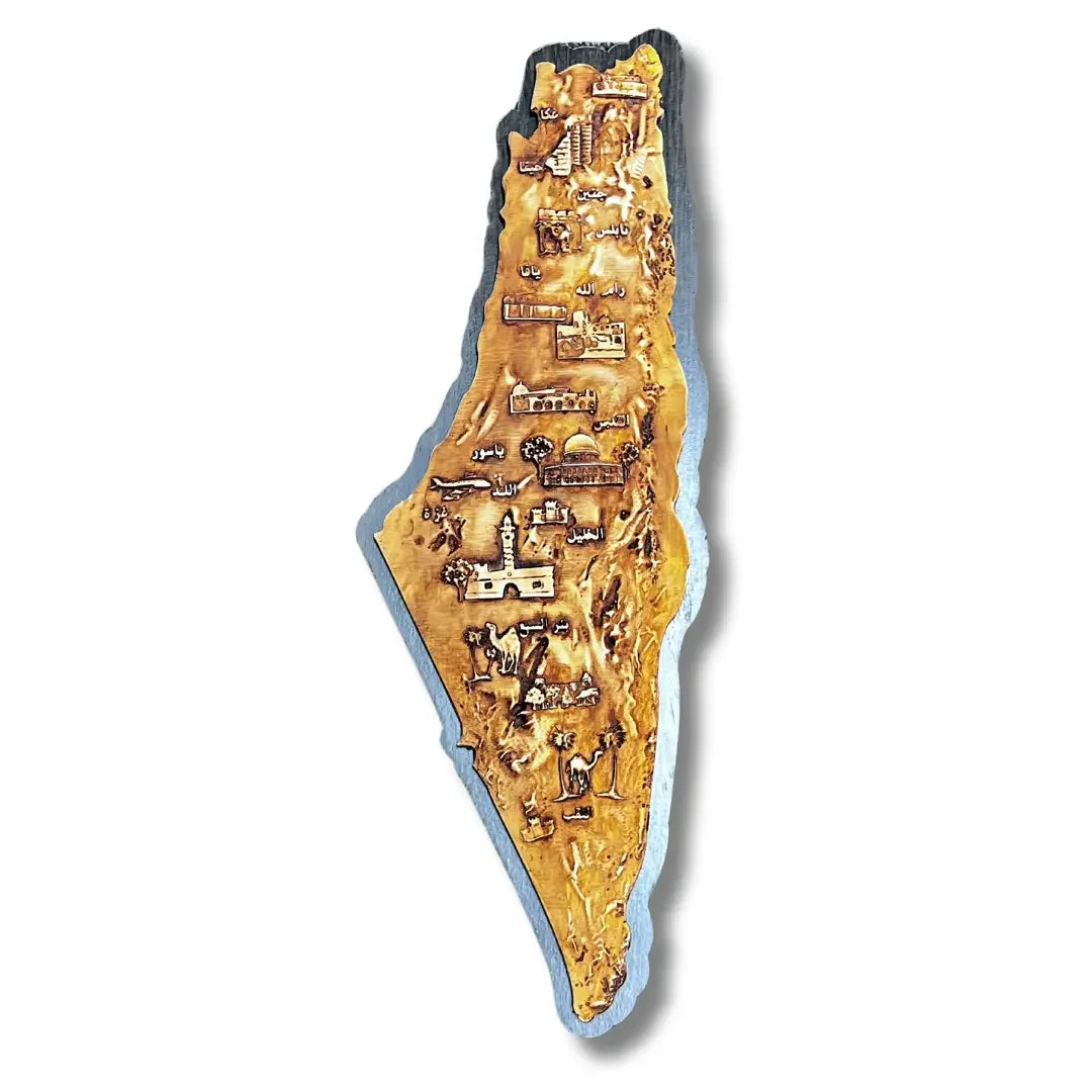 Palestine-shaped home decor wooden wall art with intricate cultural and historic symbols by Palestinian Elegance