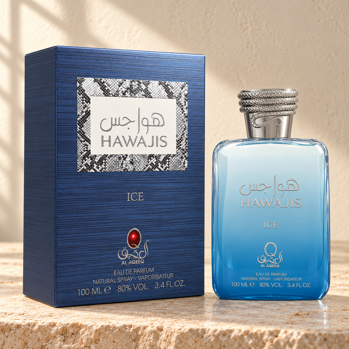 Al Aqeeq Hawajis Ice Eau de Parfum – 100 ml — bottle and matching packaging