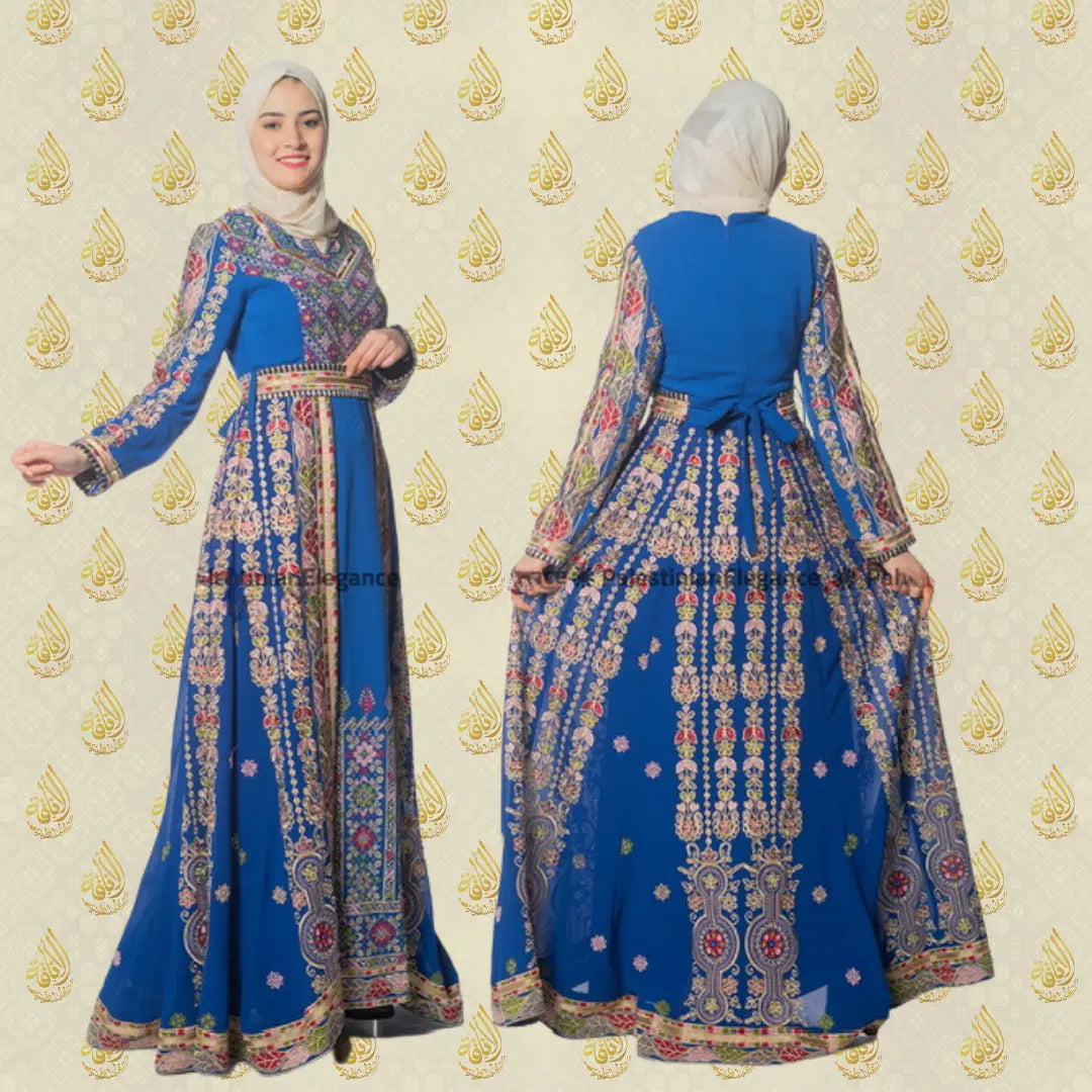 Blue embroidered Palestinian dress with intricate floral patterns worn by woman in front and back views