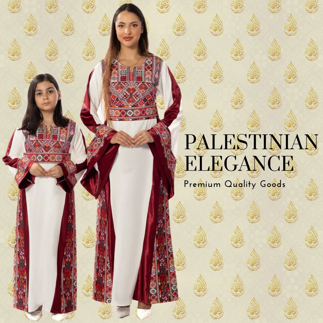 Mother daughter matching thobe set with traditional Palestinian embroidery by Palestinian Elegance