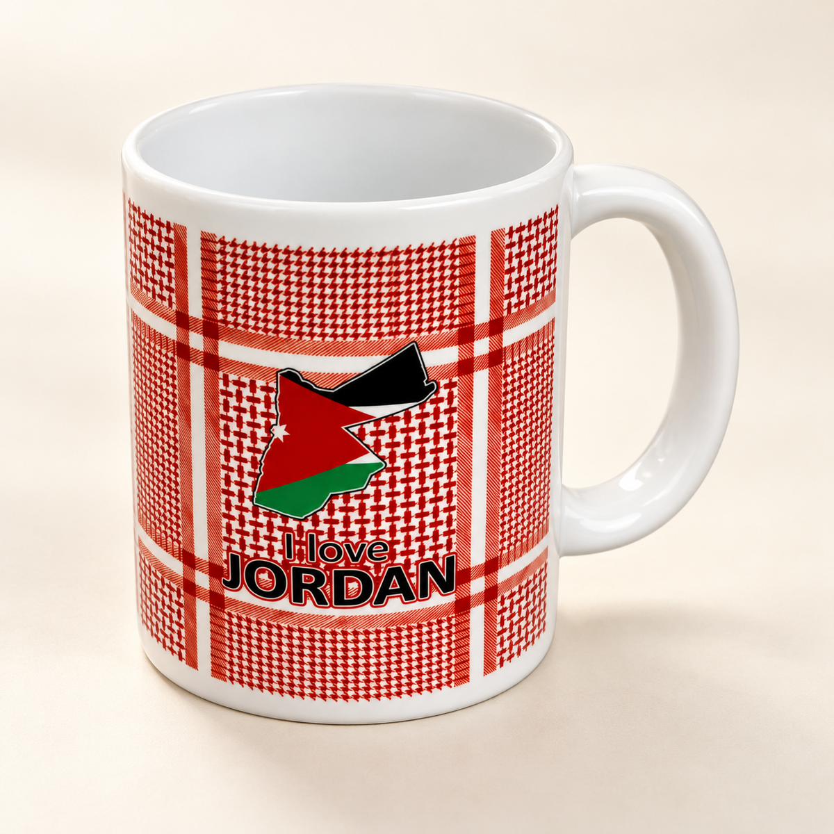I Love Jordan Cup - Red Kuffiyeh Design — professional product photograph