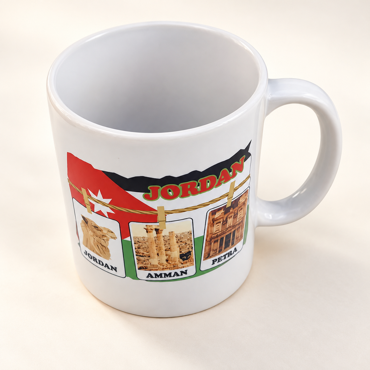 Journey Through Jordan: Petra and Amman Cup Design — professional product photograph
