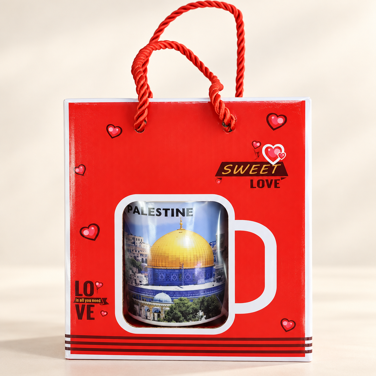 Heritage Gift: Al Quds Design Coffee Mug Gift Bag — professional product photograph