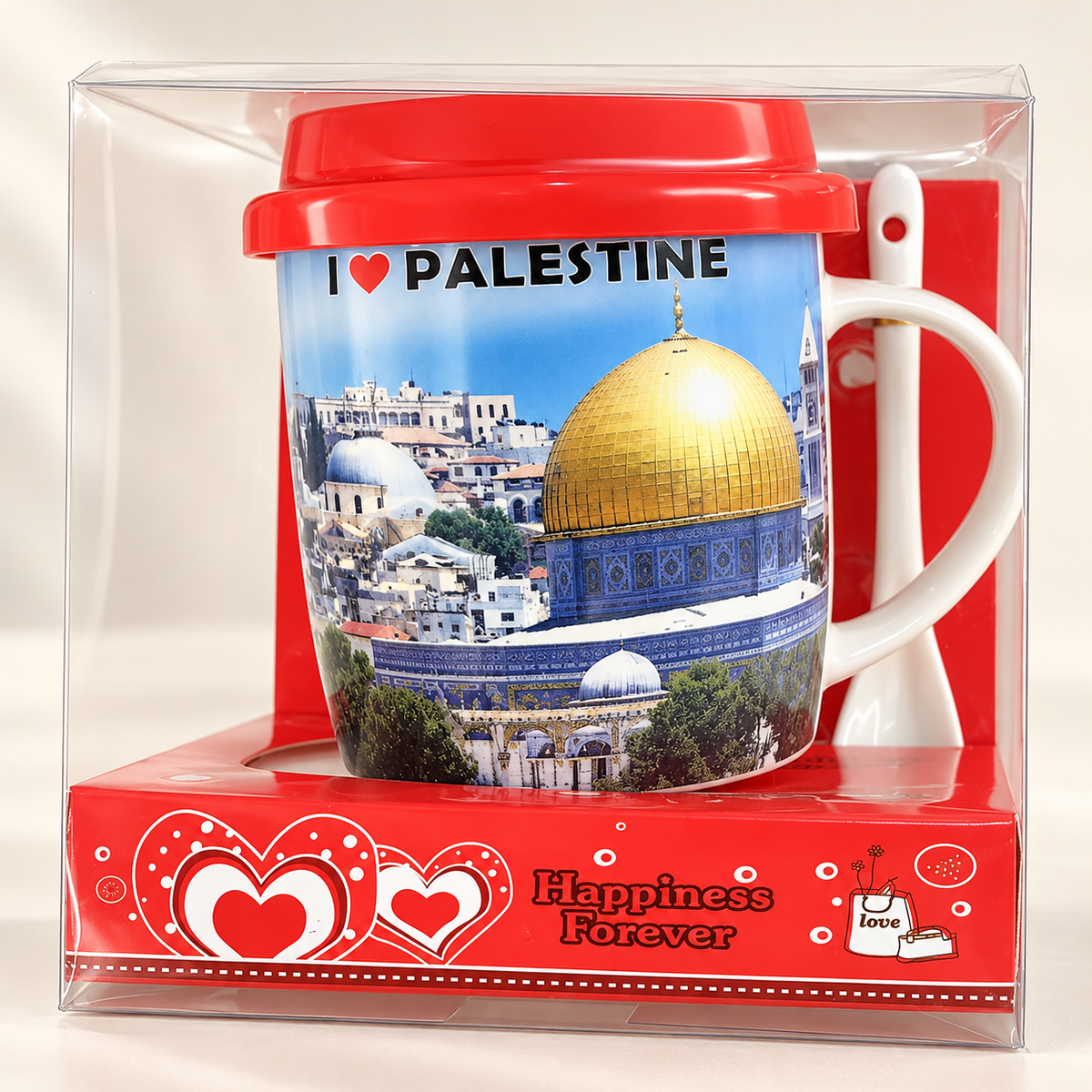 Timeless Elegance: Al Quds Mug with Thermal Lid and Spoon — professional product photograph