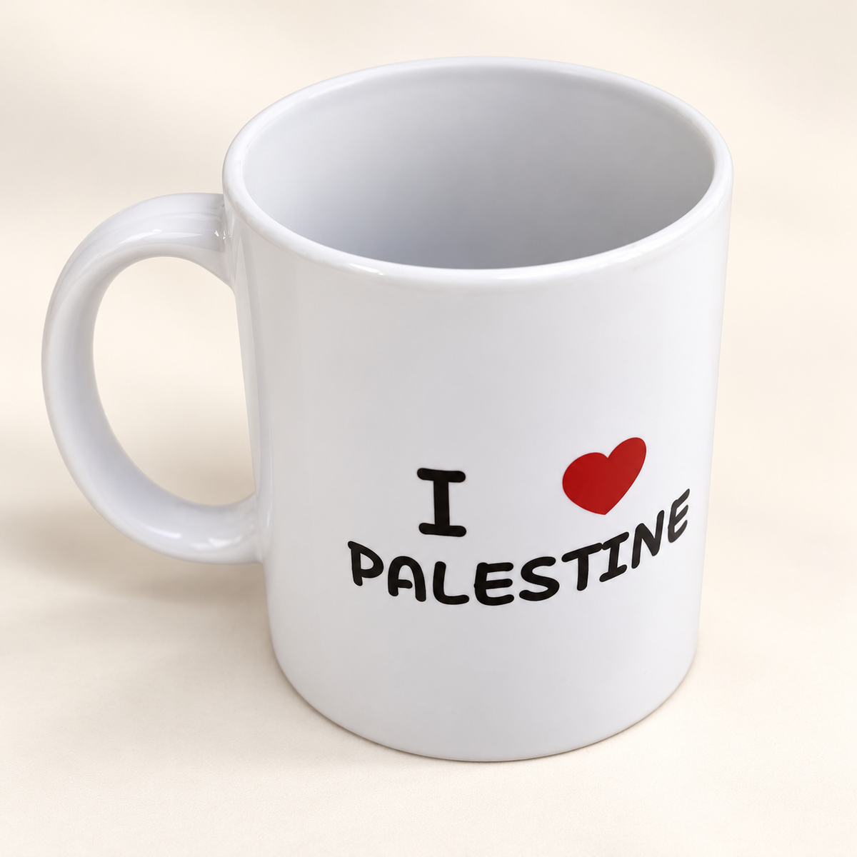 I Love Palestine Two-Faced Cup Design — professional product photograph