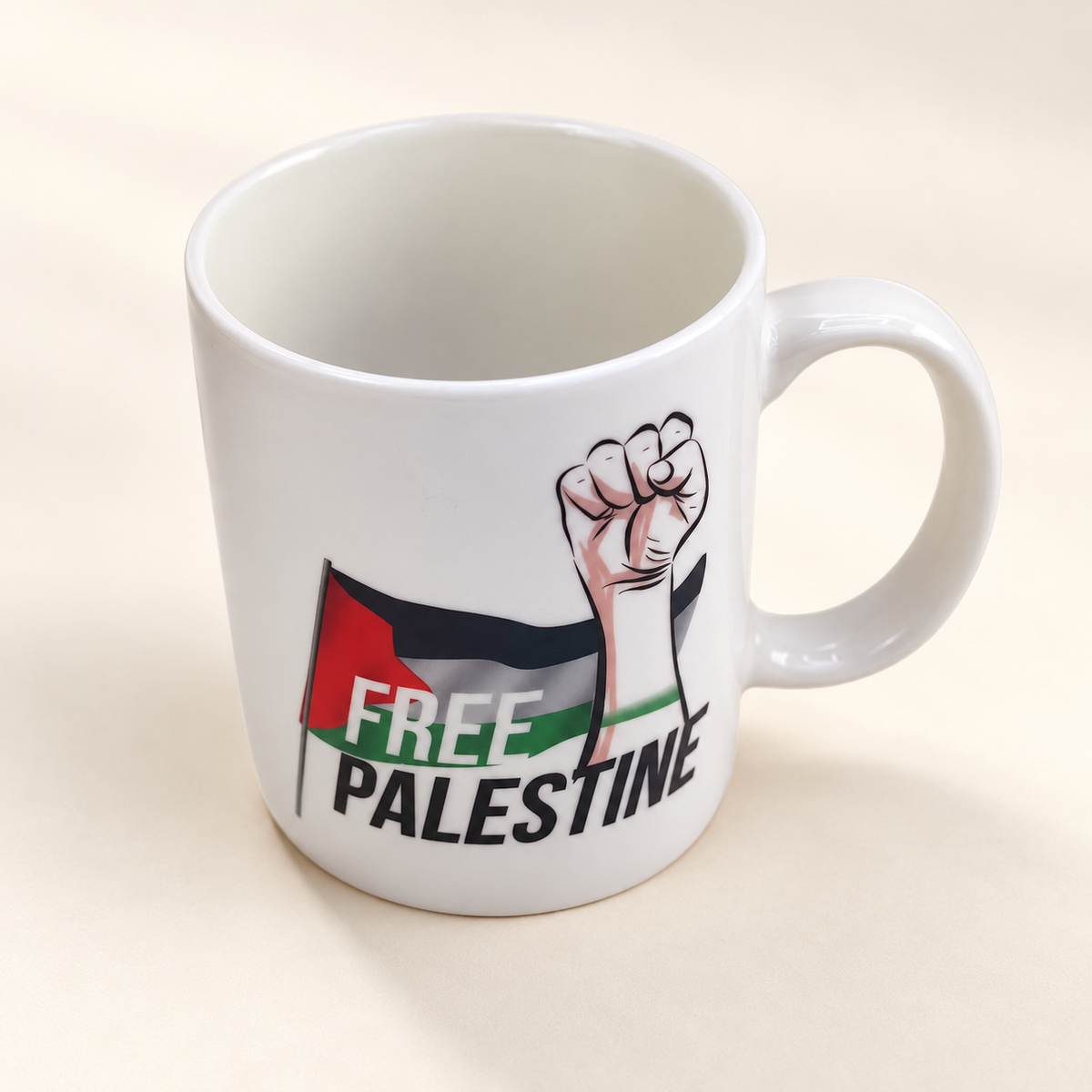 Free Palestine with Flag and Fist Cup Design — professional product photograph