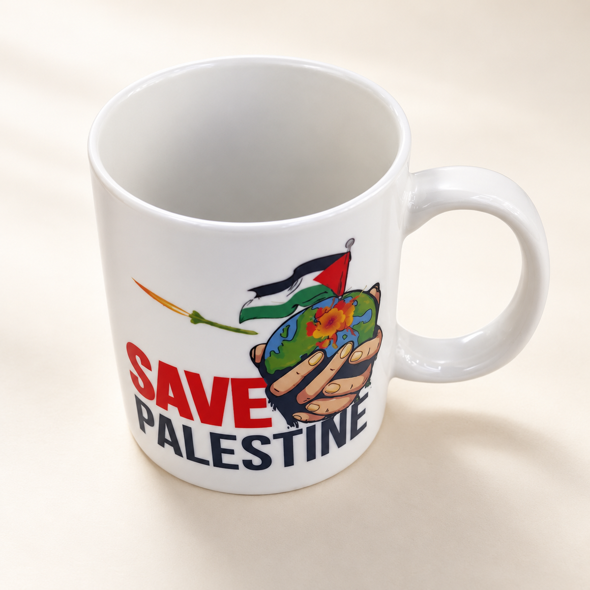 Save Palestine with Earth and Flag Cup Design — professional product photograph