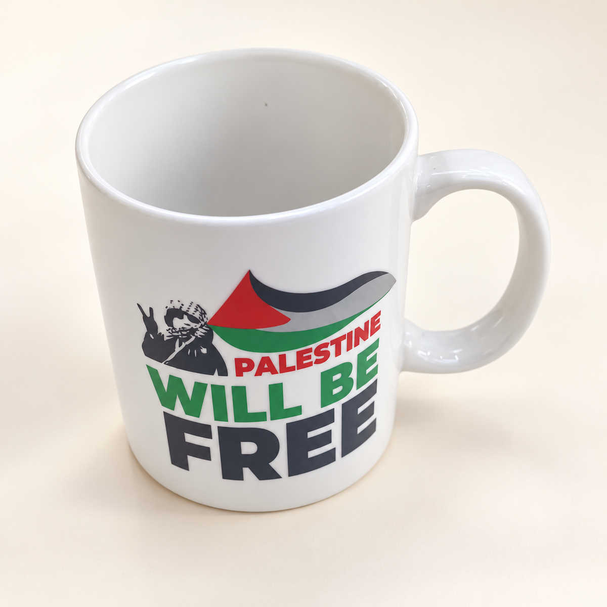 Palestine Will Be Free with Flag and Peace Sign Design — professional product photograph