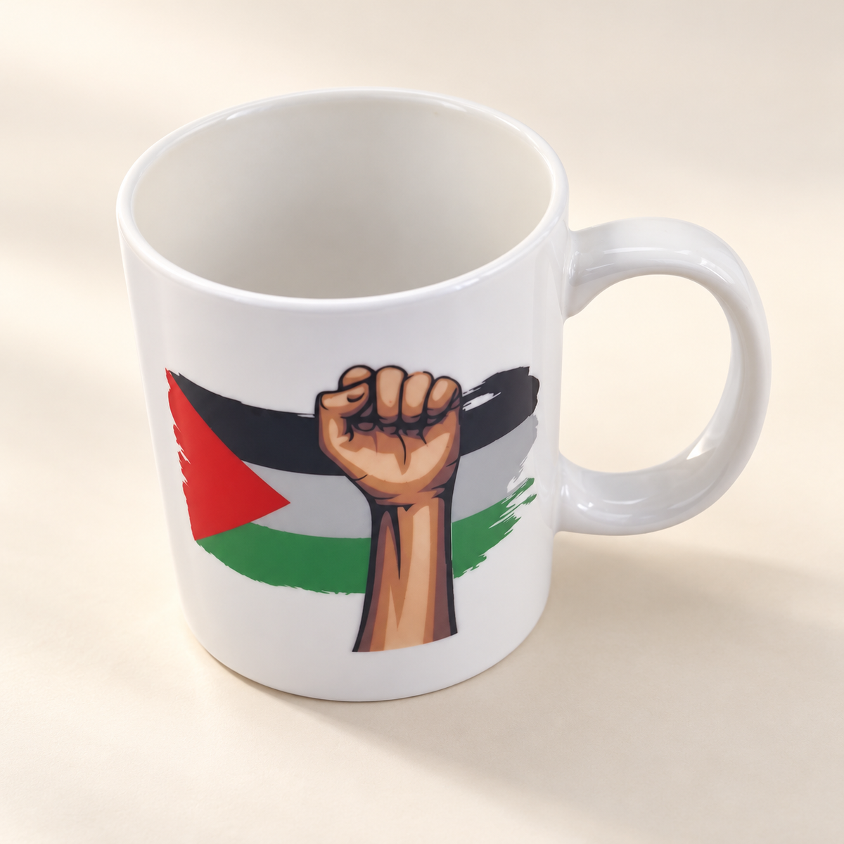 Palestine Flag with Fist Design-Palestine Flag with Fist Cup — professional product photograph