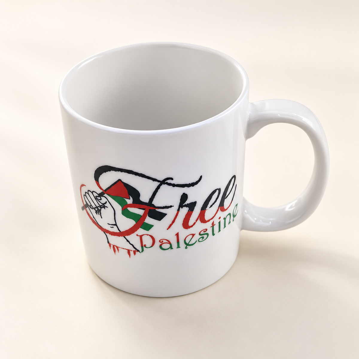 Free Palestine Cursive with Fist and Flag Design — professional product photograph