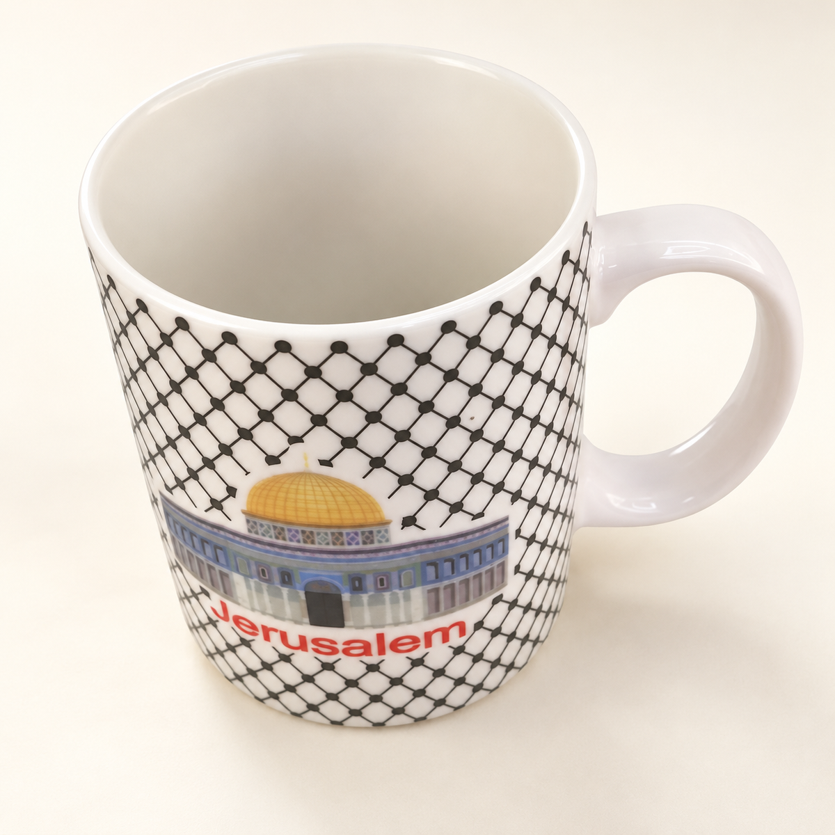 Kuffiyeh Cup with Al Quds and Jerusalem — professional product photograph