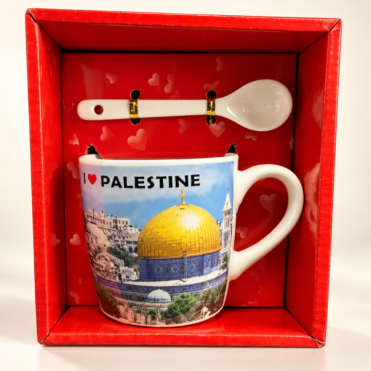 small Al Quds thermal cup with spoon — professional product photograph