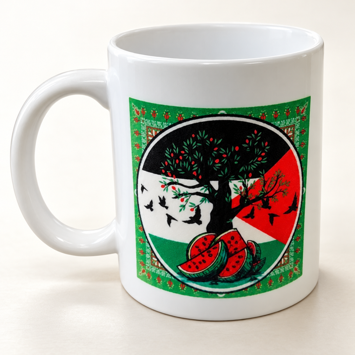 Cup with Palestine Flag and Tree Design — professional product photograph