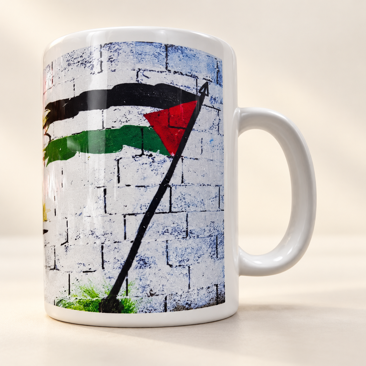 Coffee Mug with Palestine Villages and Flag Design: Long-Lasting and Vibrant — professional product photograph