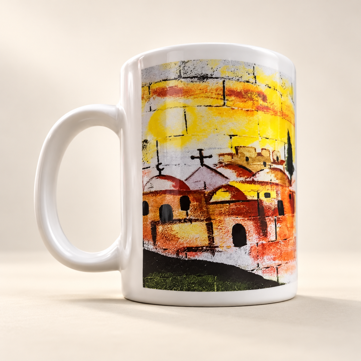 Coffee Mug with Palestine Villages and Flag Design: Long-Lasting and Vibrant — professional product photograph