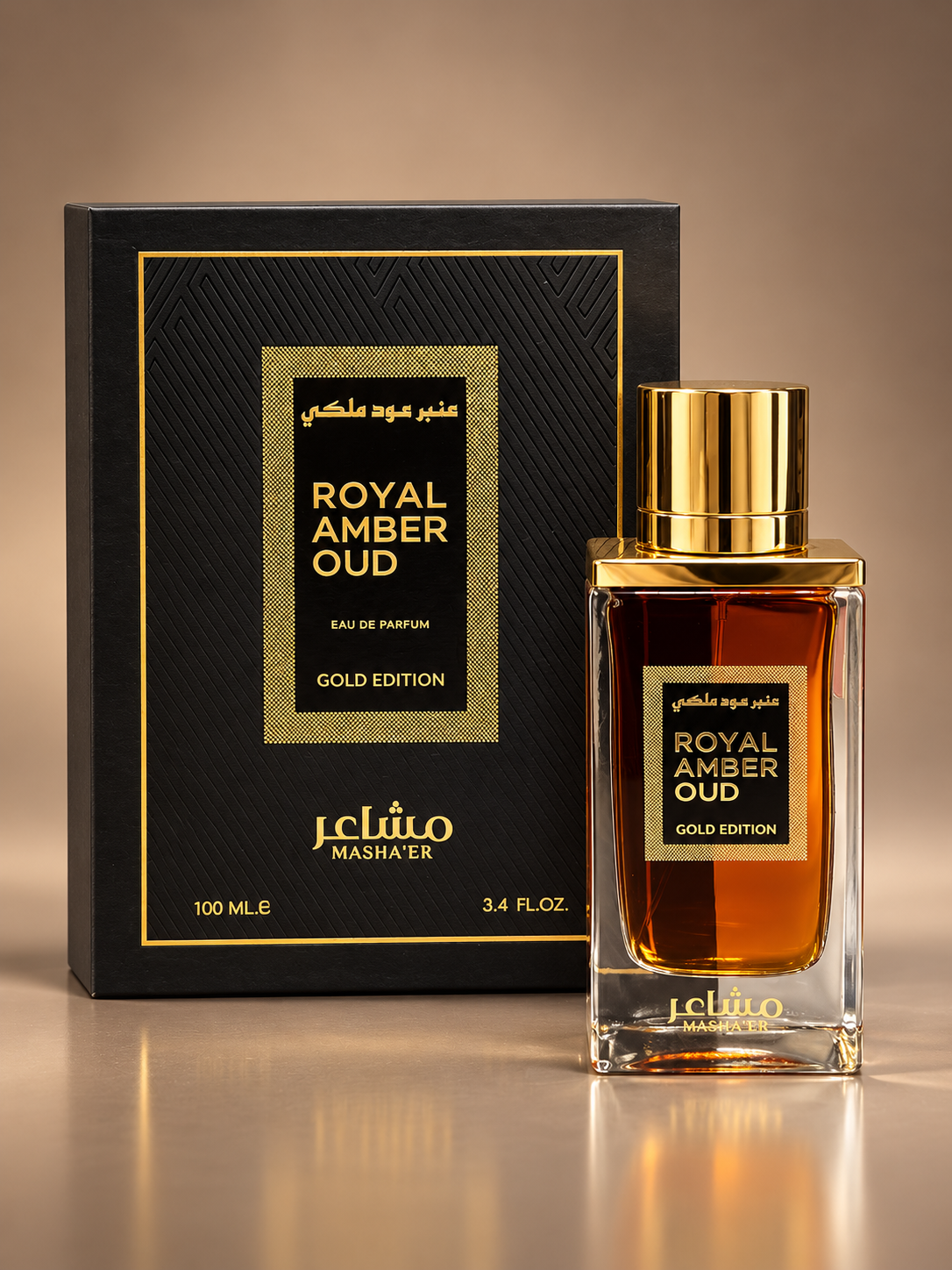 Masha’er Royal Amber Oud gold 100 ml — bottle and presentation box