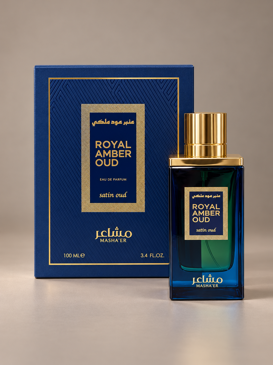 Masha’er Royal Amber Oud satin 100 ml — bottle and presentation box
