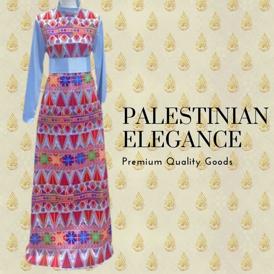 Palestinian Elegance satin embroidery bisht with belt showcasing colorful traditional patterns on a blue long-sleeve dress