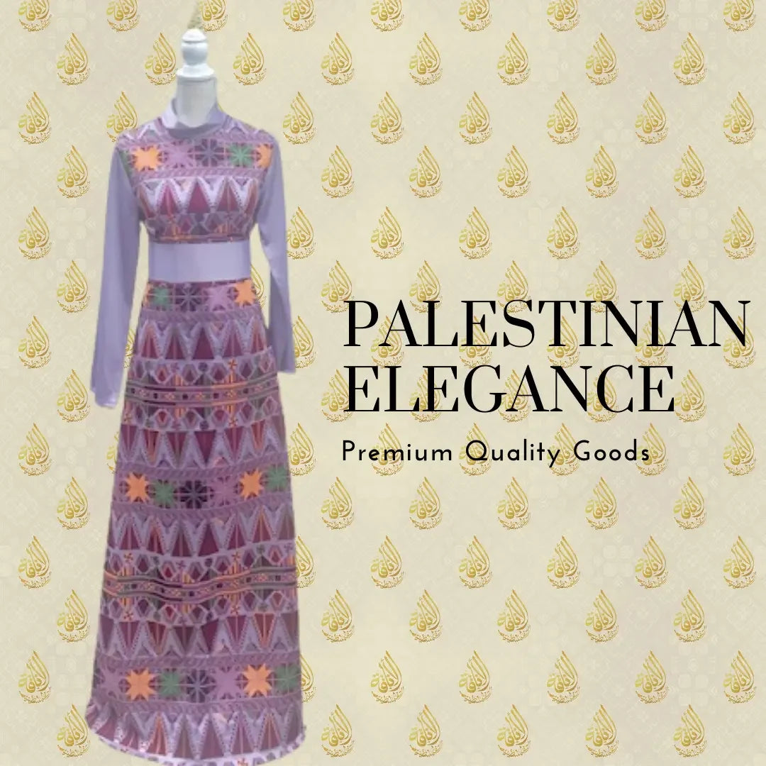 Satin Embroidery Bisht with Belt featuring intricate purple and multicolor traditional patterns by Palestinian Elegance