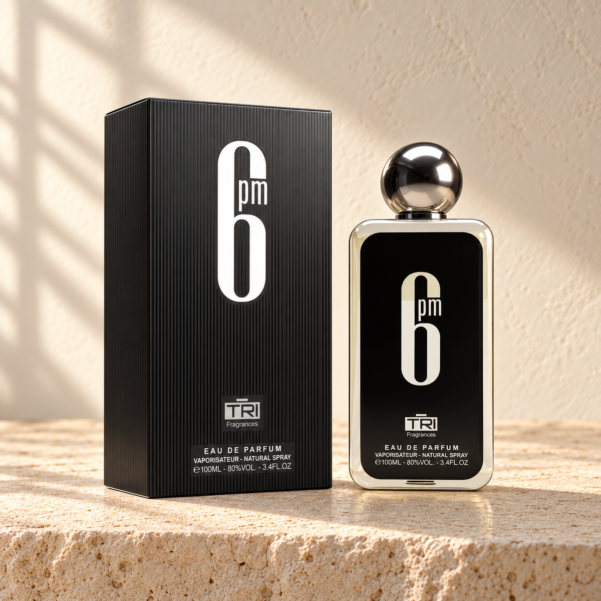 TRI 6 PM Black Eau de Parfum – 100 ml — bottle and matching packaging