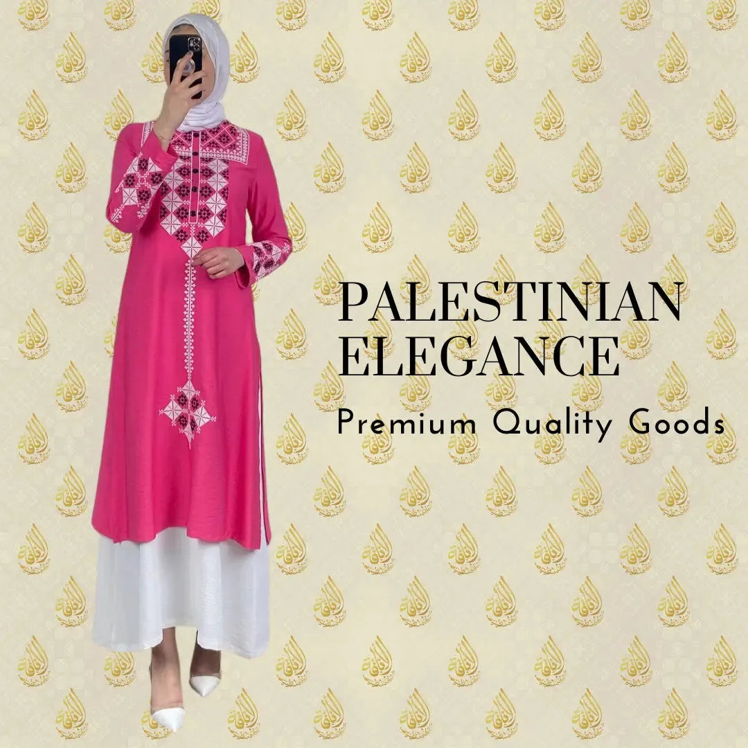 Pink vintage embroidered dress by Palestinian Elegance with traditional patterns and white layered skirt