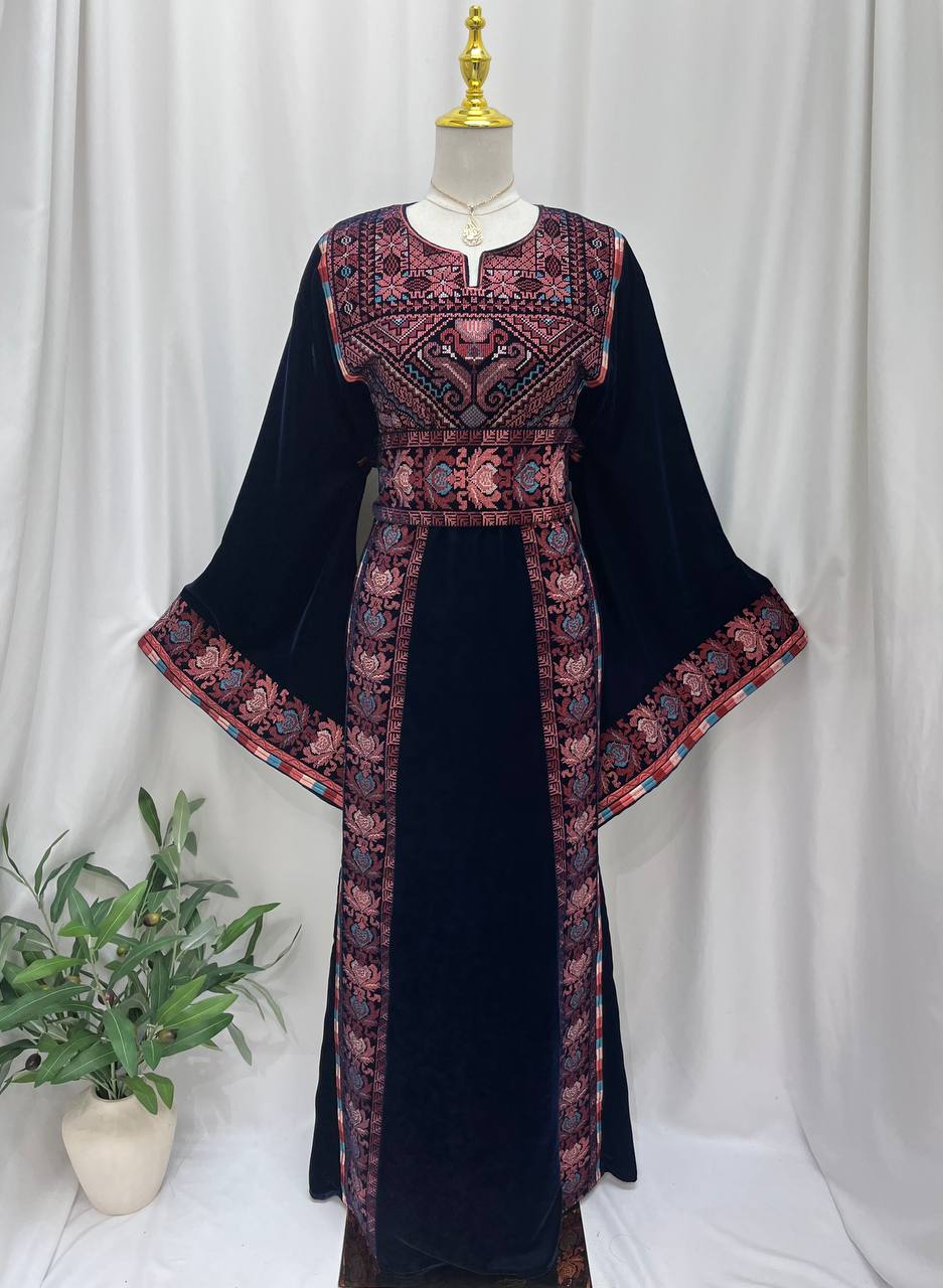 Palestine Embroidered  Navy Velvet Thobe