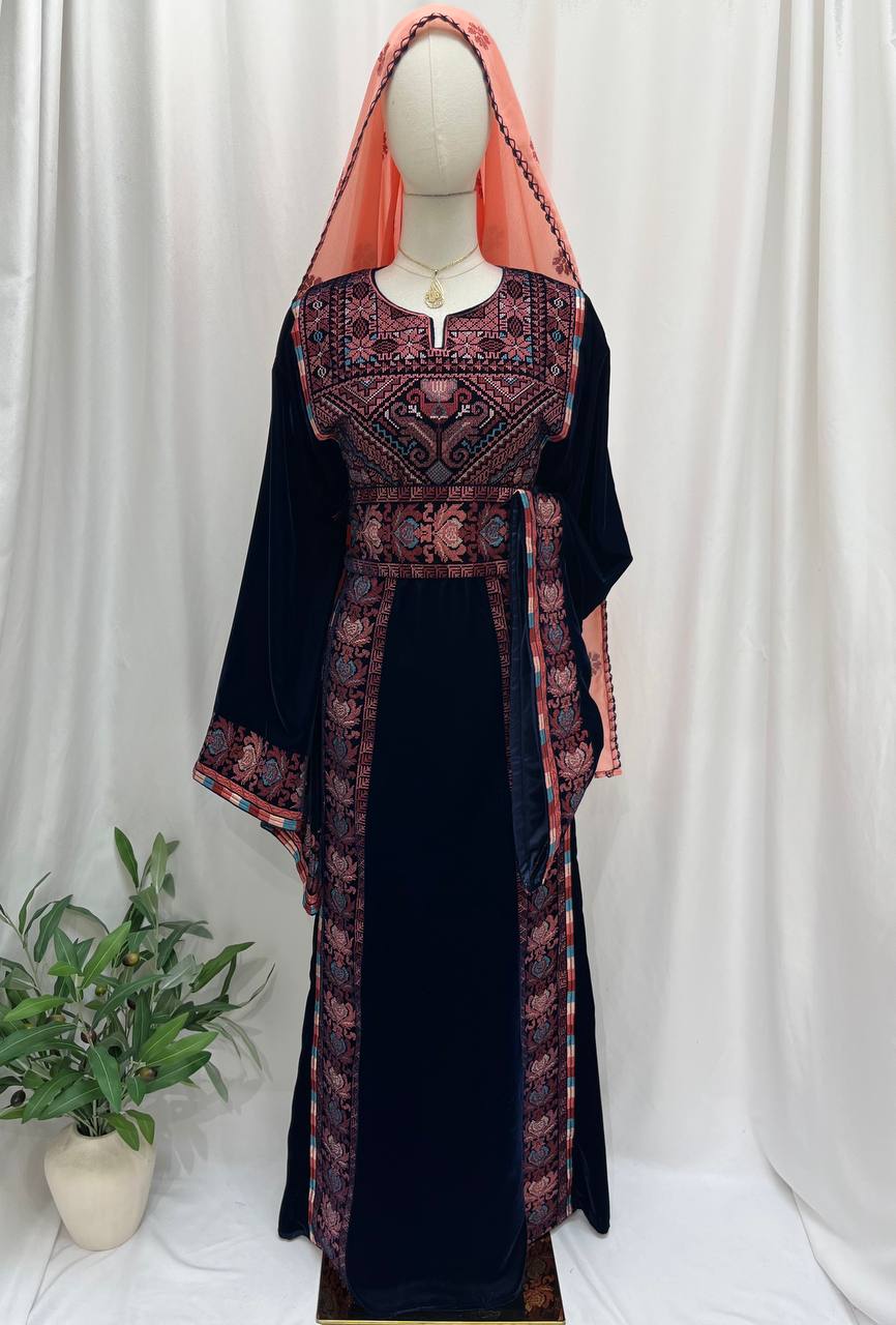 Palestine Embroidered  Navy Velvet Thobe