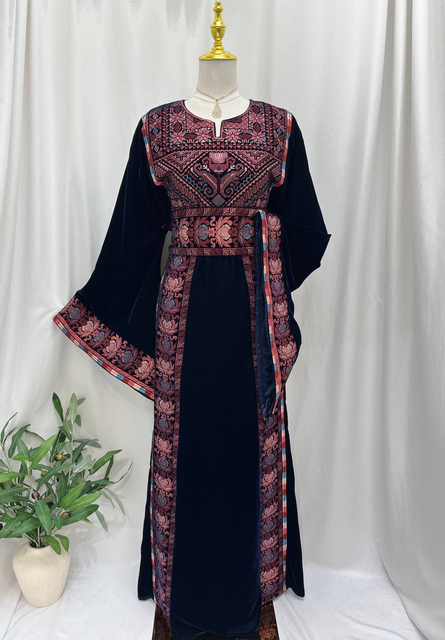 Palestine Embroidered  Navy Velvet Thobe